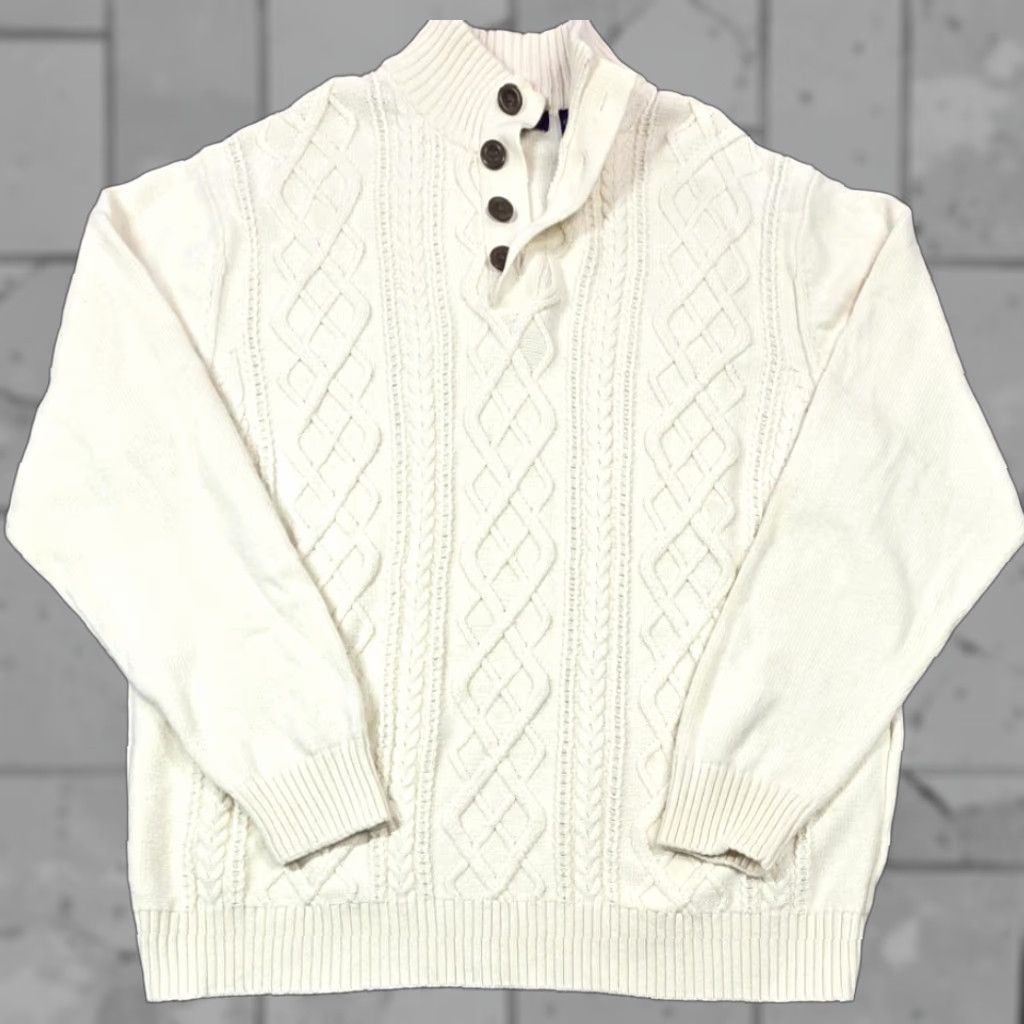 Vintage Alan Flusser Sweater Mens L Cable Knit Ivory Fair Isle Henley Collar Fisherman Size US L / EU 52-54 / 3 - 1 Thumbnail