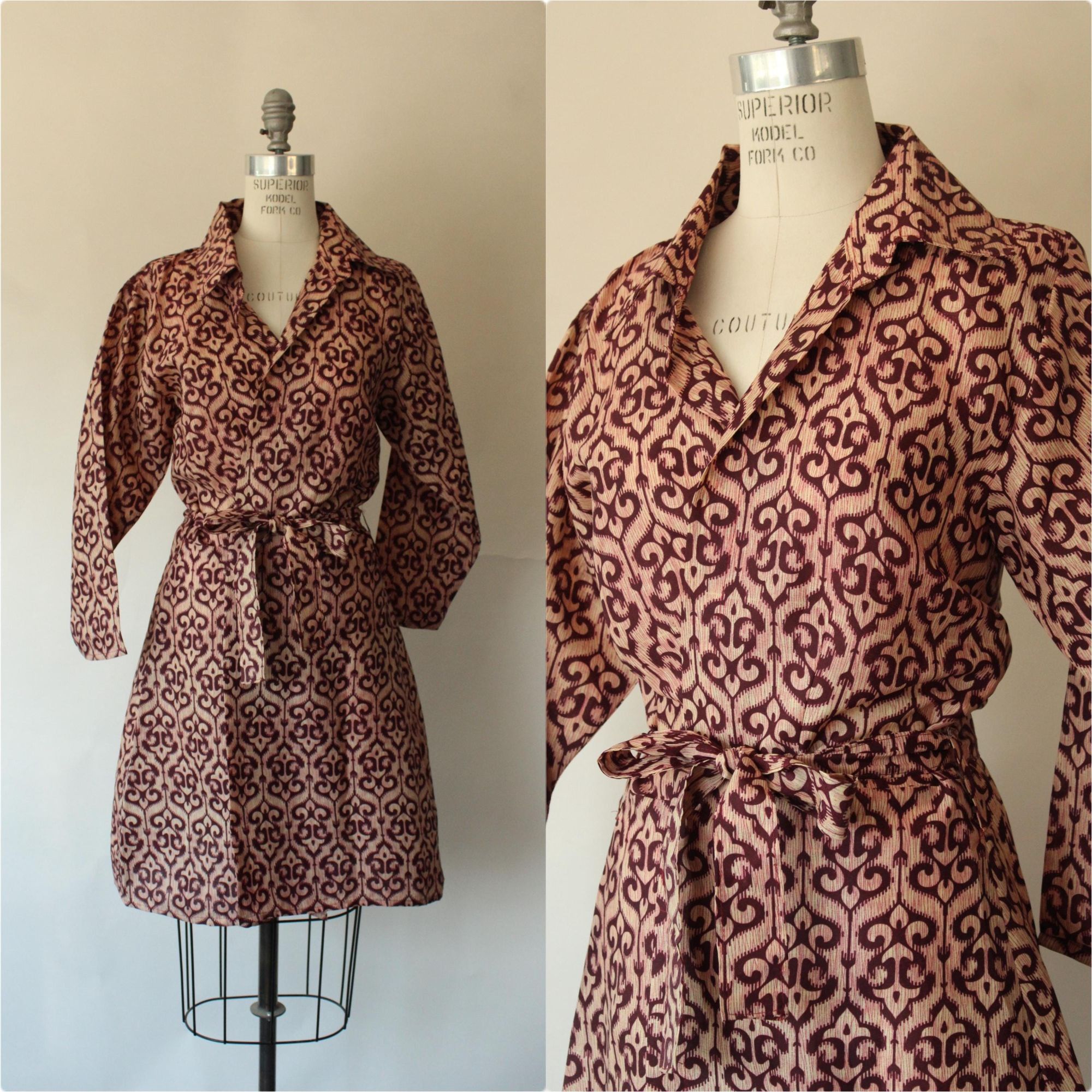 Vintage Vintage 1960s 1970s Dress, Burgundy and Ivory Batik Ethnic P Size M / US 6-8 / IT 42-44 - 1 Thumbnail
