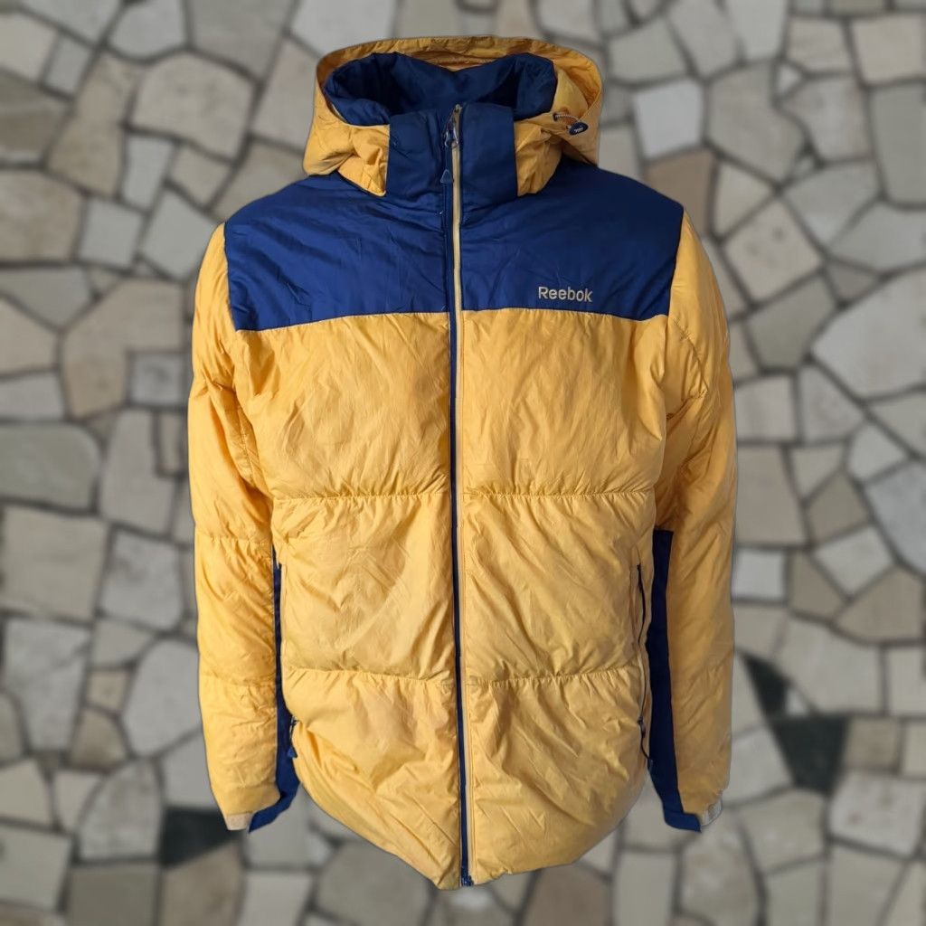 Reebok Reebok Hooded Goose Down Puffer Jacket – Yellow / Navy – Unisex – Size 110 (110 Unisex) – XL / L Fit – Hooded Down Jacket Size US L / EU 52-54 / 3 - 1 Thumbnail