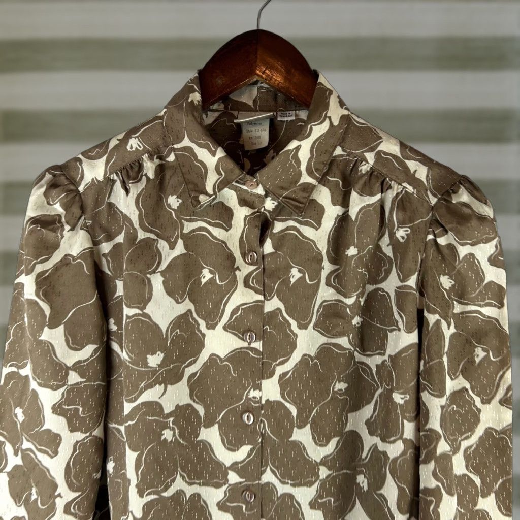Vintage VINTAGE Pykettes Blouse Shirt Womens Size 12 Brown Floral Button Down Polyester Size XL / US 12-14 / IT 48-50 - 1 Thumbnail