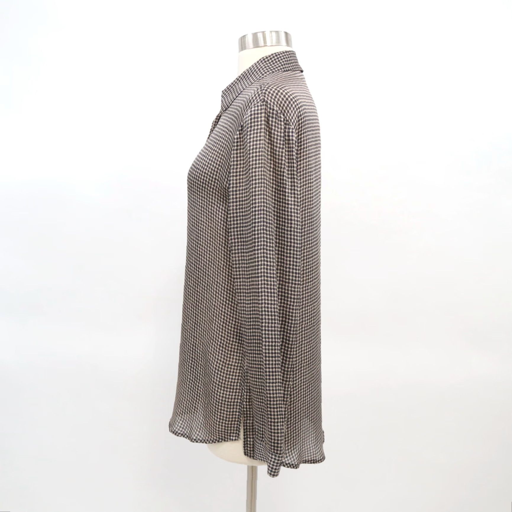 VINTAGE Club Monaco Silk Blouse Shirt Top Womens XS Gingham Black Ivory Beige Hi-Low Formal Office Retirement