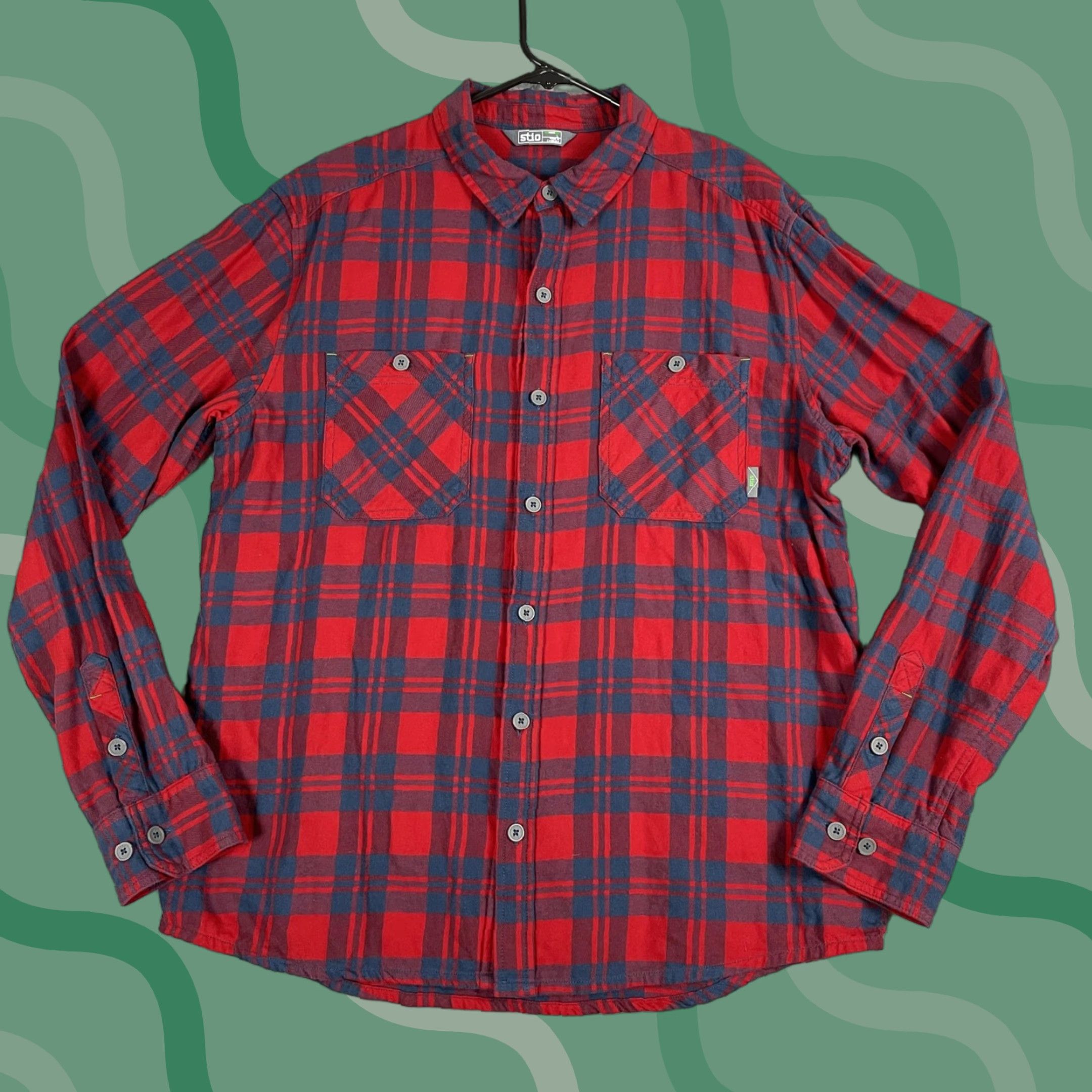 Stio Mens Large Red Blue Plaid 100% Organic Cotton Vast Flannel Shirt Button-Up Long Sleeve Shirt