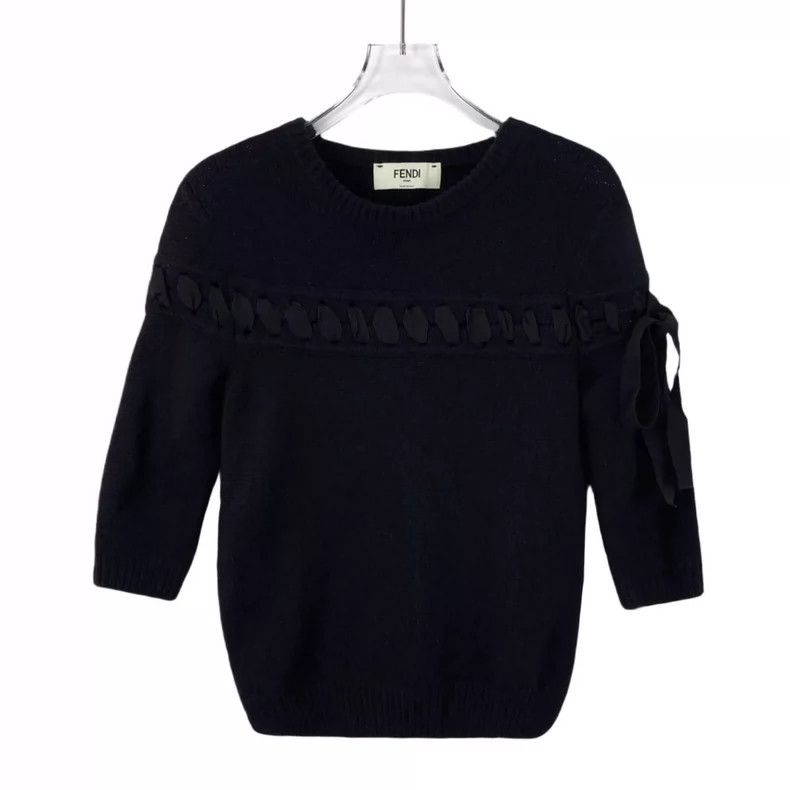 Fendi FENDI Black knitted sweater with a ribbon tie at the round Size XXS / US 00 / IT 34 - 1 Thumbnail