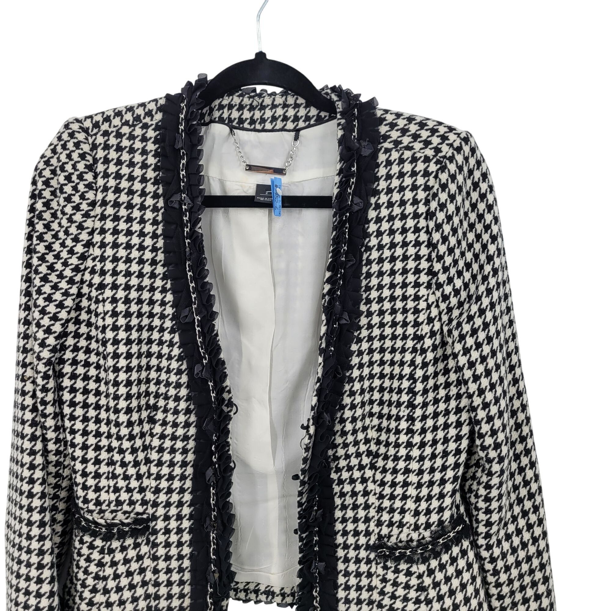 White House Black Market WHBM Womens Wool Blend Houndstooth Blazer Sz 2 Ruffle Chain Size XS / US 0-2 / IT 36-38 - 7 Thumbnail