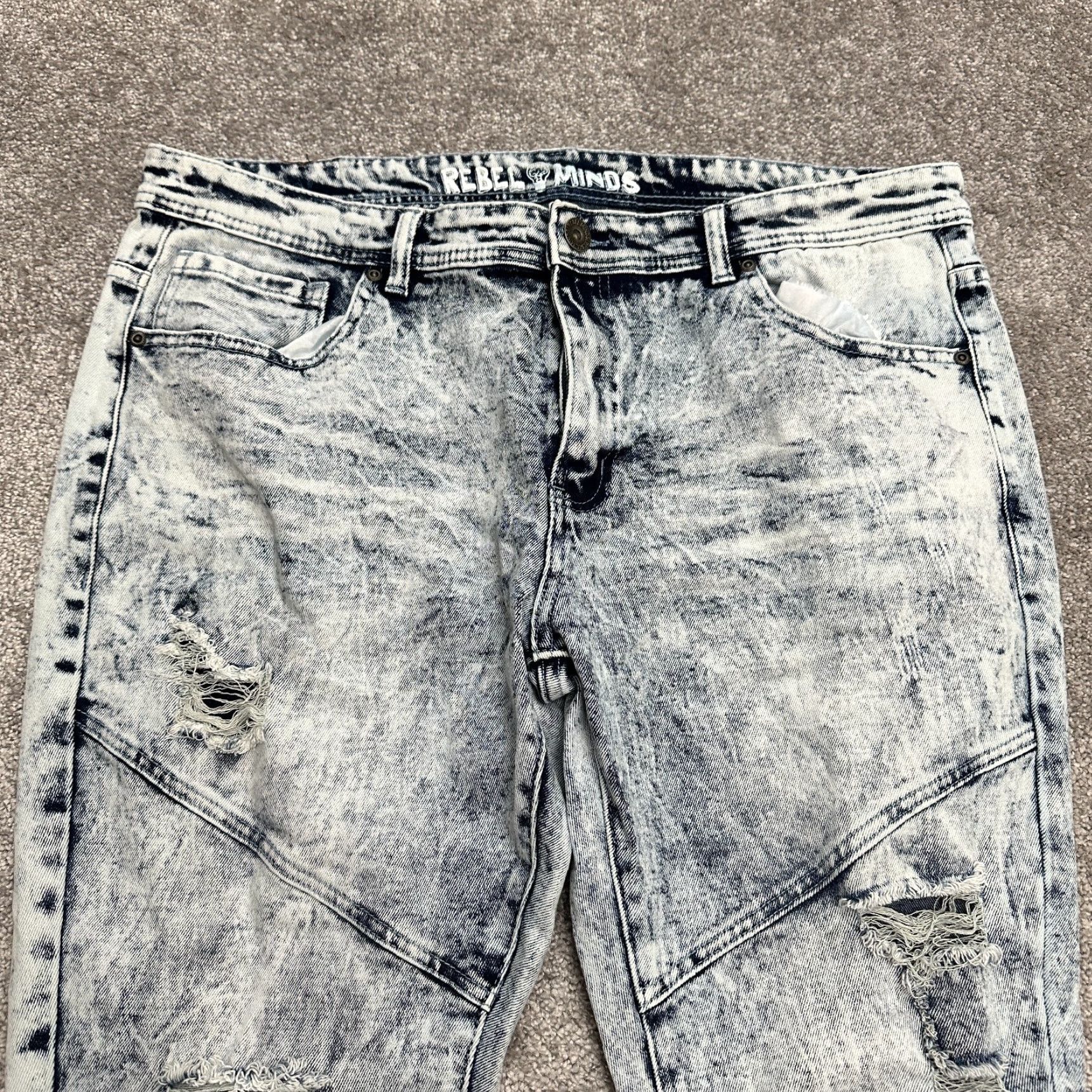 Denime Rebel Minds Denim Jeans Men 40x32 Blue Distressed Acid Wash 5-Pocket Regular Cotton Polyester Jeans Size US 40 / EU 56 - 3 Thumbnail