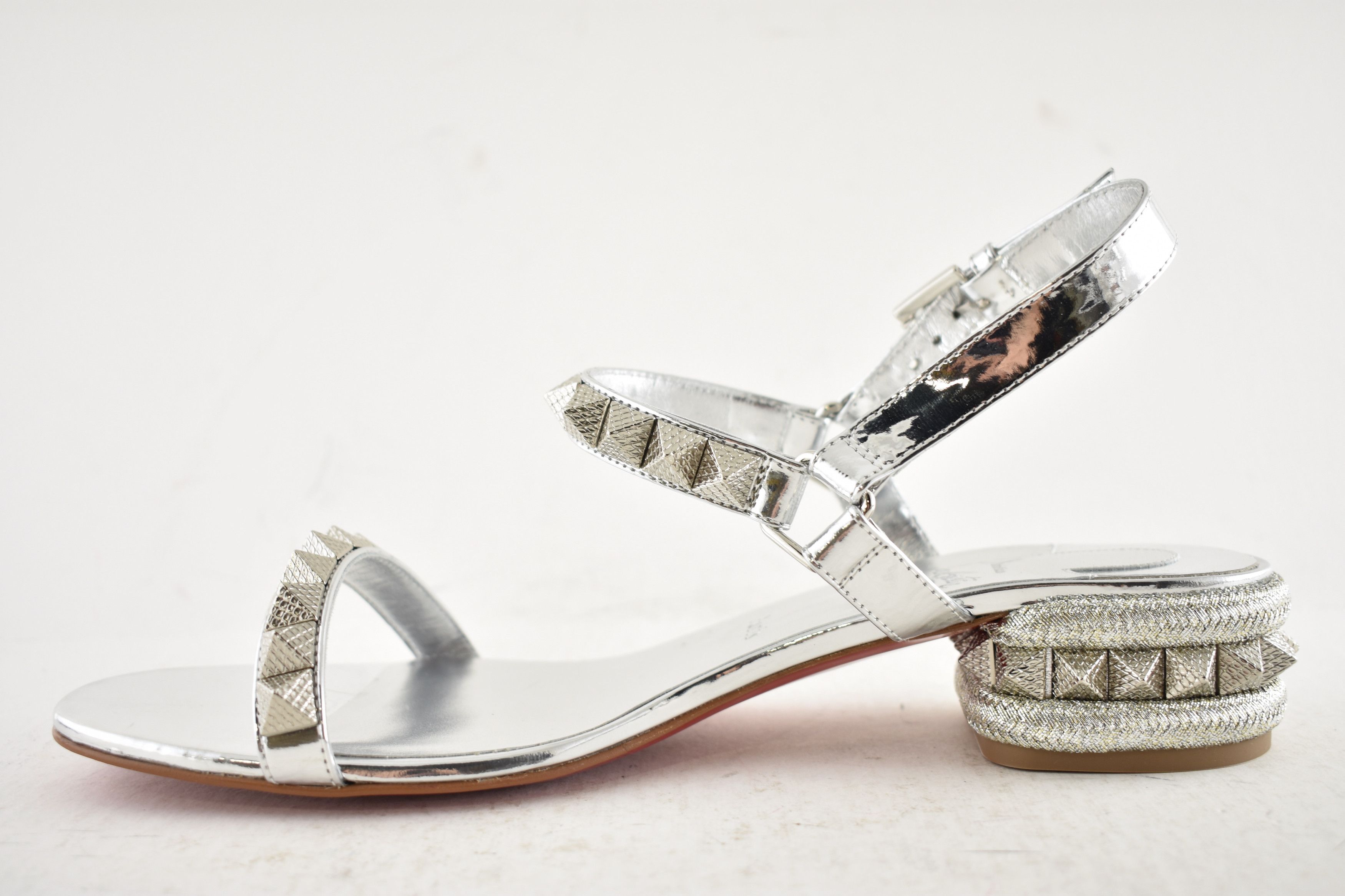 Christian Louboutin Pyrasand 30 Silver Leather Block Heel Ankle Strap Sandal 38 Size US 8 / IT 38 - 14 Thumbnail