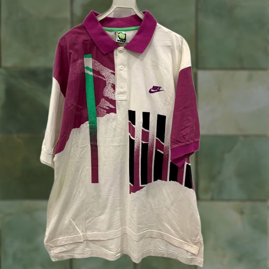 Nike VINTAGE Nike Challenge Court Polo Shirt XL Mens 90s Agassi White Purple Teal Abstract #83 Size US XL / EU 56 / 4 - 1 Thumbnail