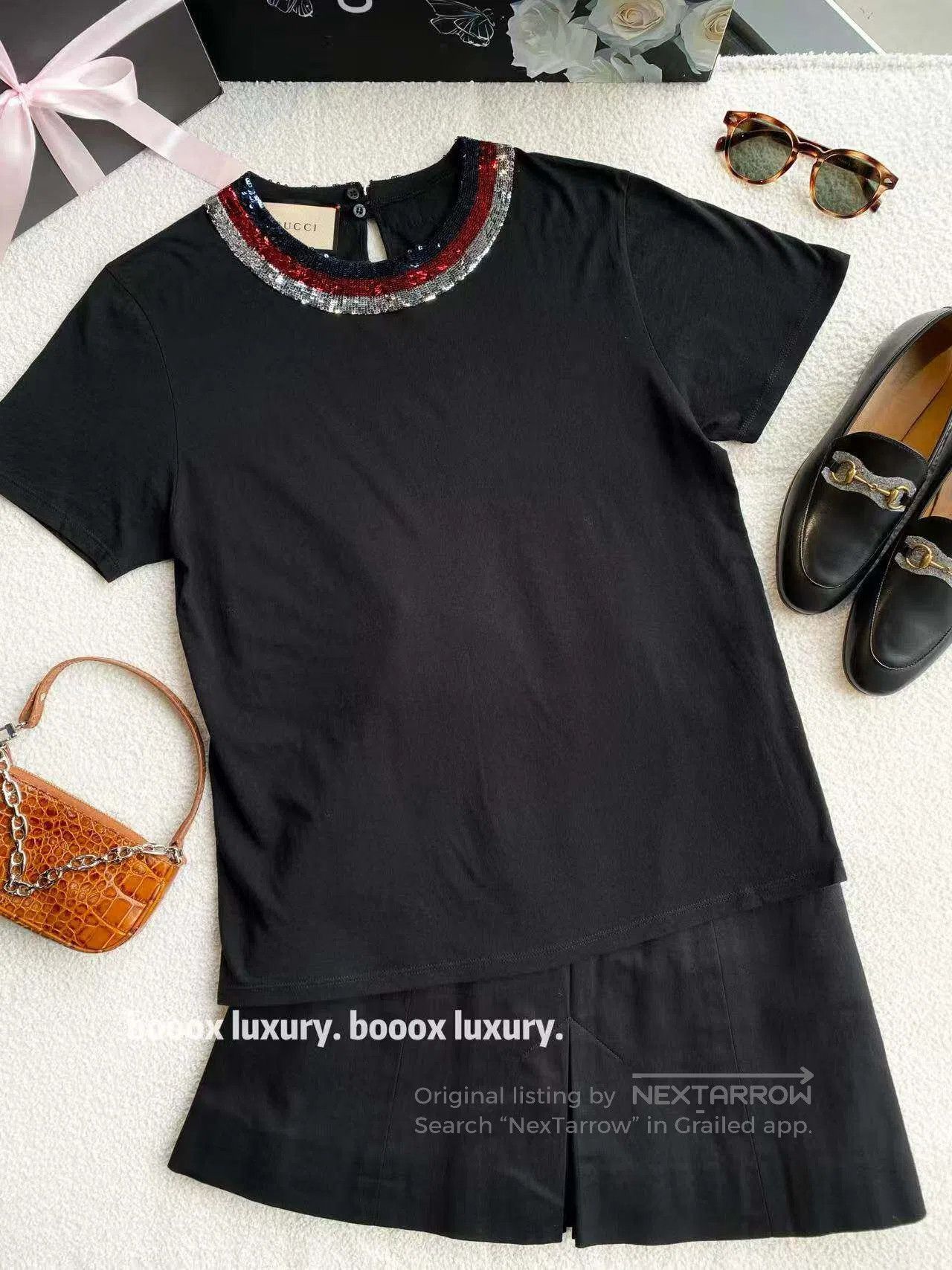 Gucci Guicci Beaded bow collar short-sleeved T-shirt| Size S / US 4 / IT 40 - 1 Thumbnail