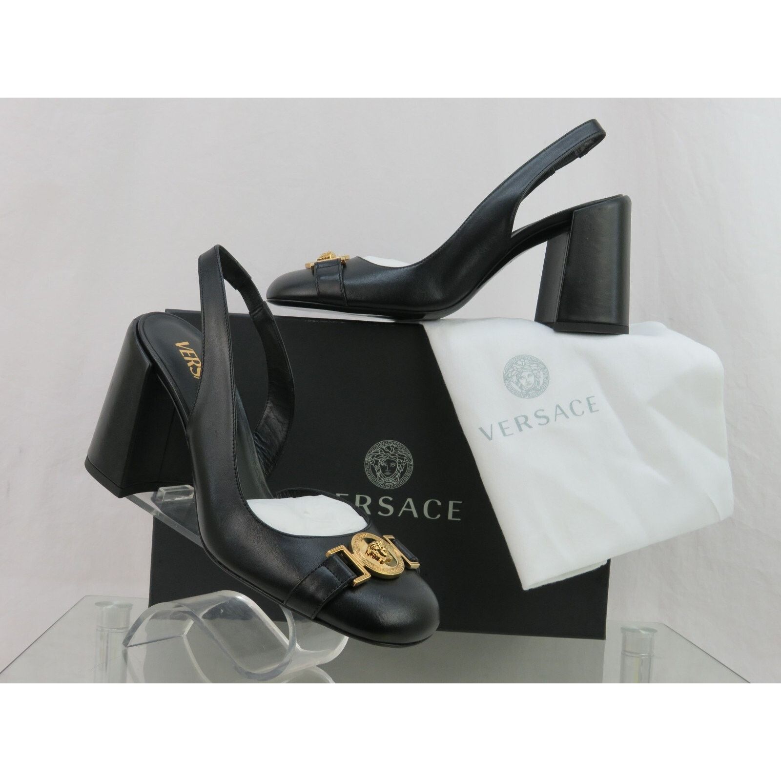 Versace VERSACE BLACK LEATHER GOLD MEDUSA SANDAL LOW HEEL PUMPS 40 Size US 10 / IT 40 - 1 Thumbnail