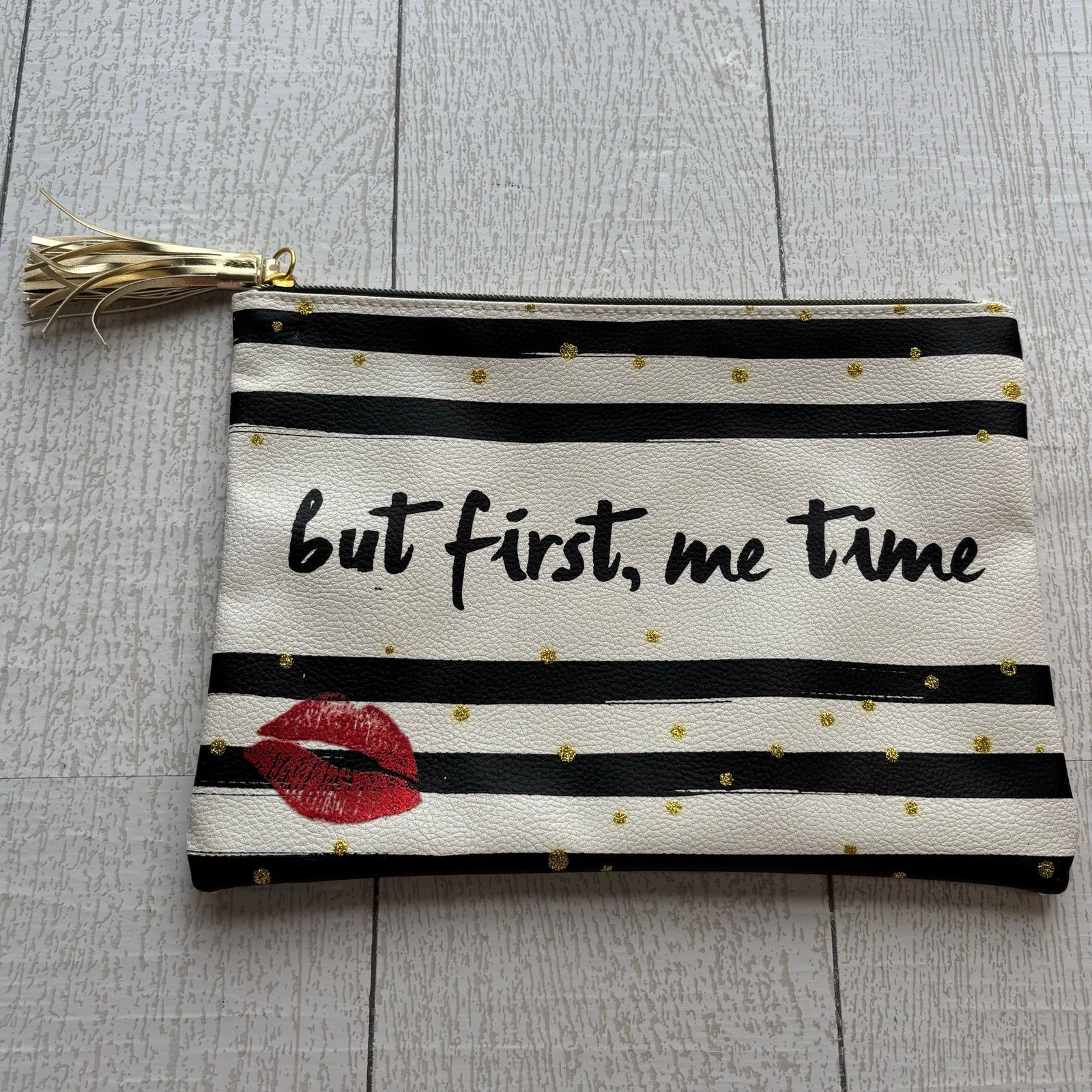 Other Black & White Striped Makeup Bag with Gold Dots NWOT Size ONE SIZE - 1 Thumbnail