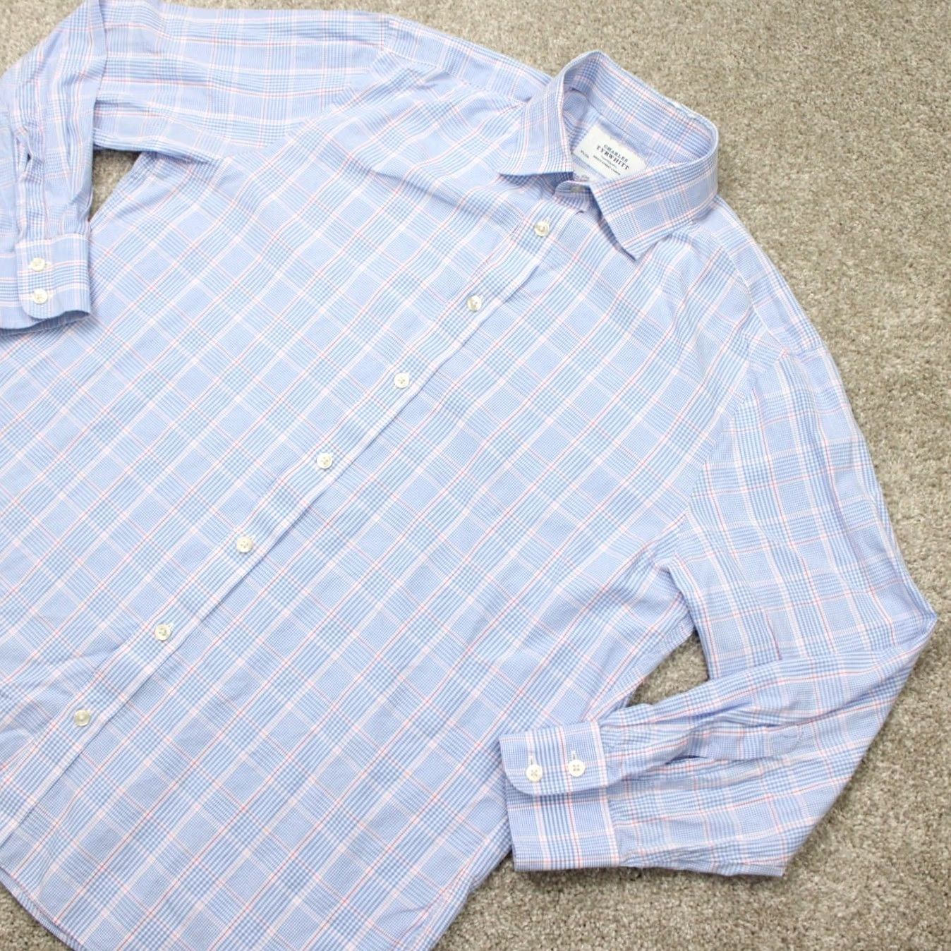 Charles Tyrwhitt Charles Tyrwhitt Shirt Mens 16 1/2 33 Slim Fit Long Sleeve Blue Pink Check Button-Down Dress Shirt Size US XL / EU 56 / 4 - 4 Thumbnail