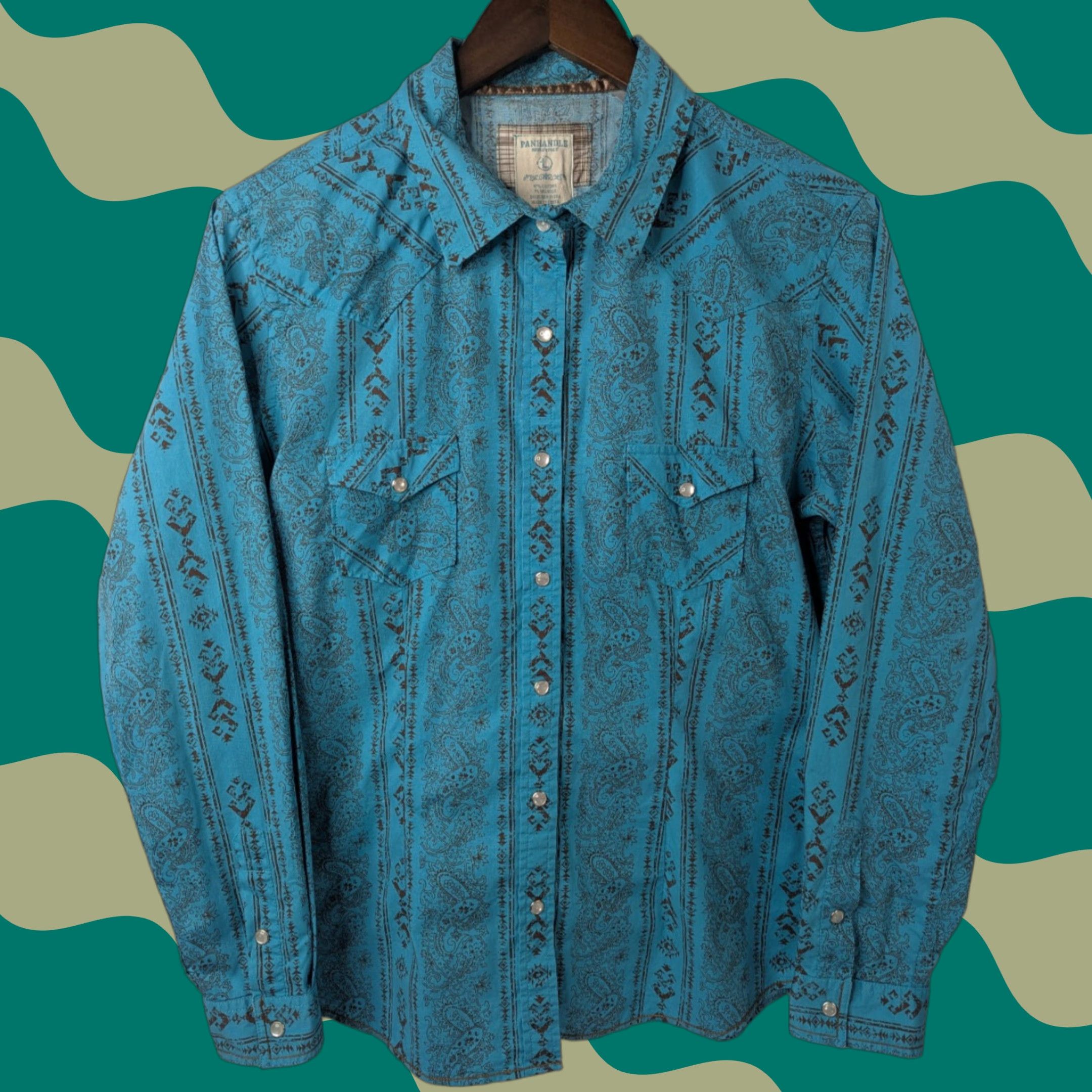 Vintage VINTAGE Panhandle Rough Stock Western Shirt Womens L Turquoise Bandana Print Pearl Snap Size L / US 10 / IT 46 - 1 Thumbnail