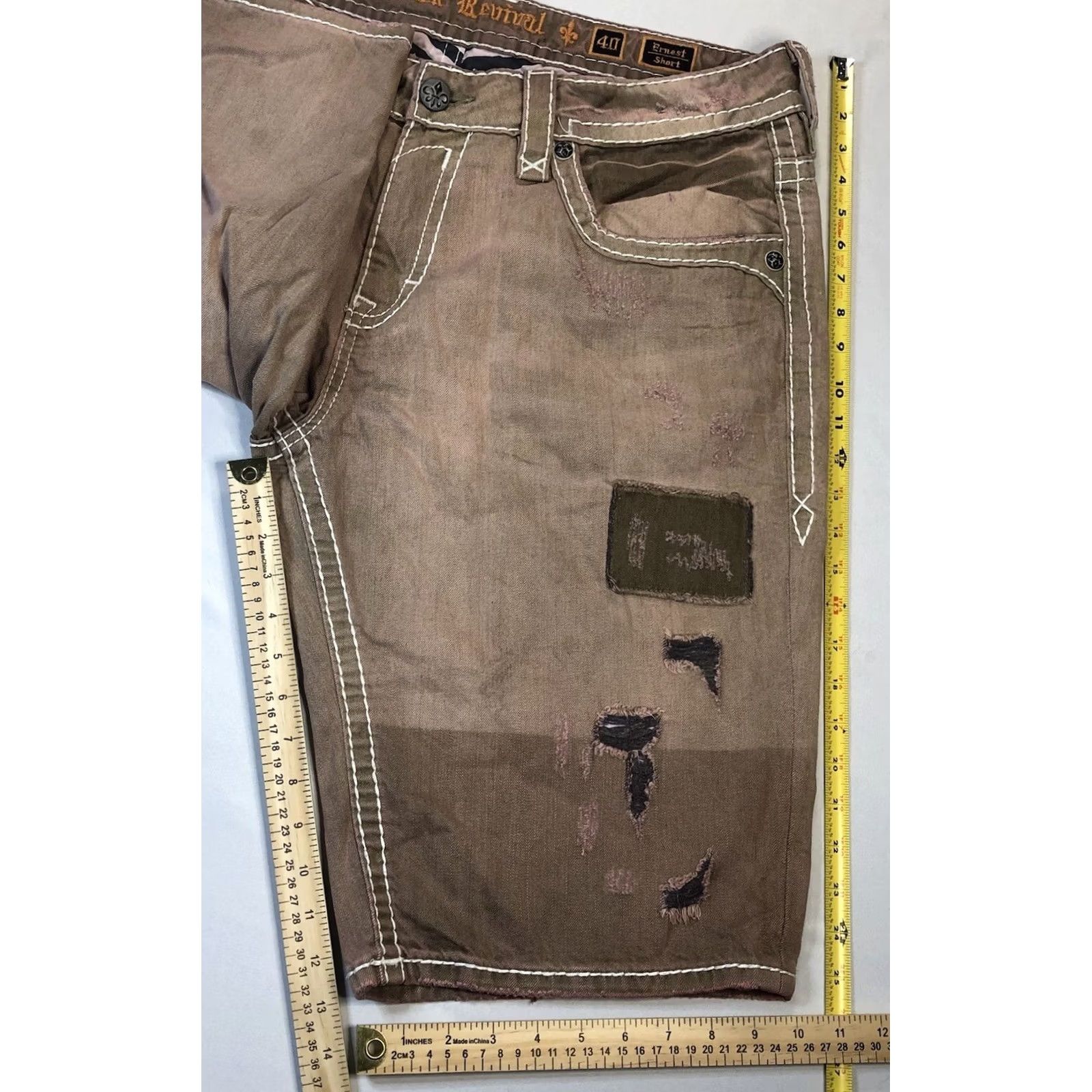 Vintage Rock Revival Ernest Mens 40 Pink Jean Shorts Studded Patchwork Distressed 13" Inseam Regular Fit Blood Line Rock Revival Ernest Men's Shorts Size US 40 / EU 56 - 2 Thumbnail