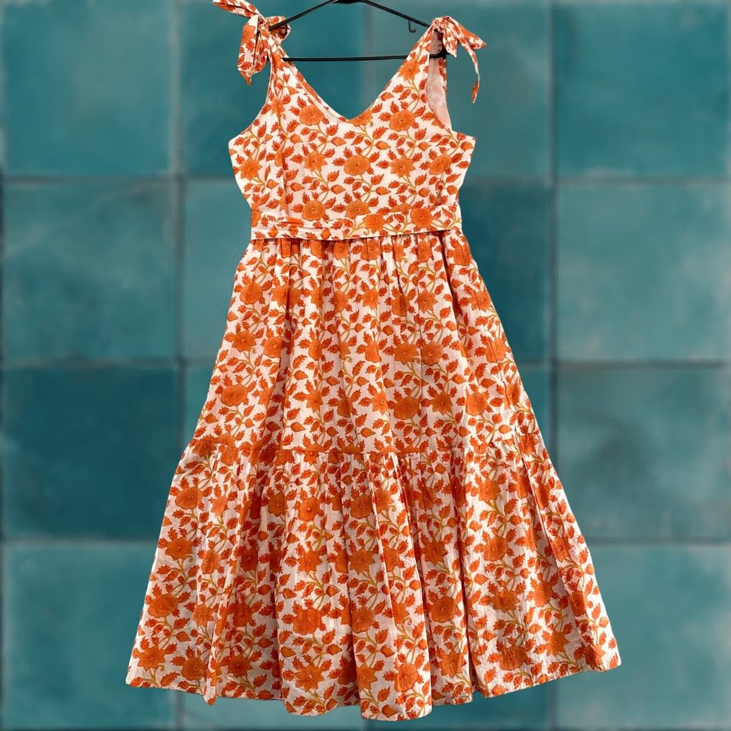 Vintage Victoria Dunn Dress Womens Medium Floral Fit Flare Tie Sleeves Tiered Orange Size M / US 6-8 / IT 42-44 - 1 Thumbnail