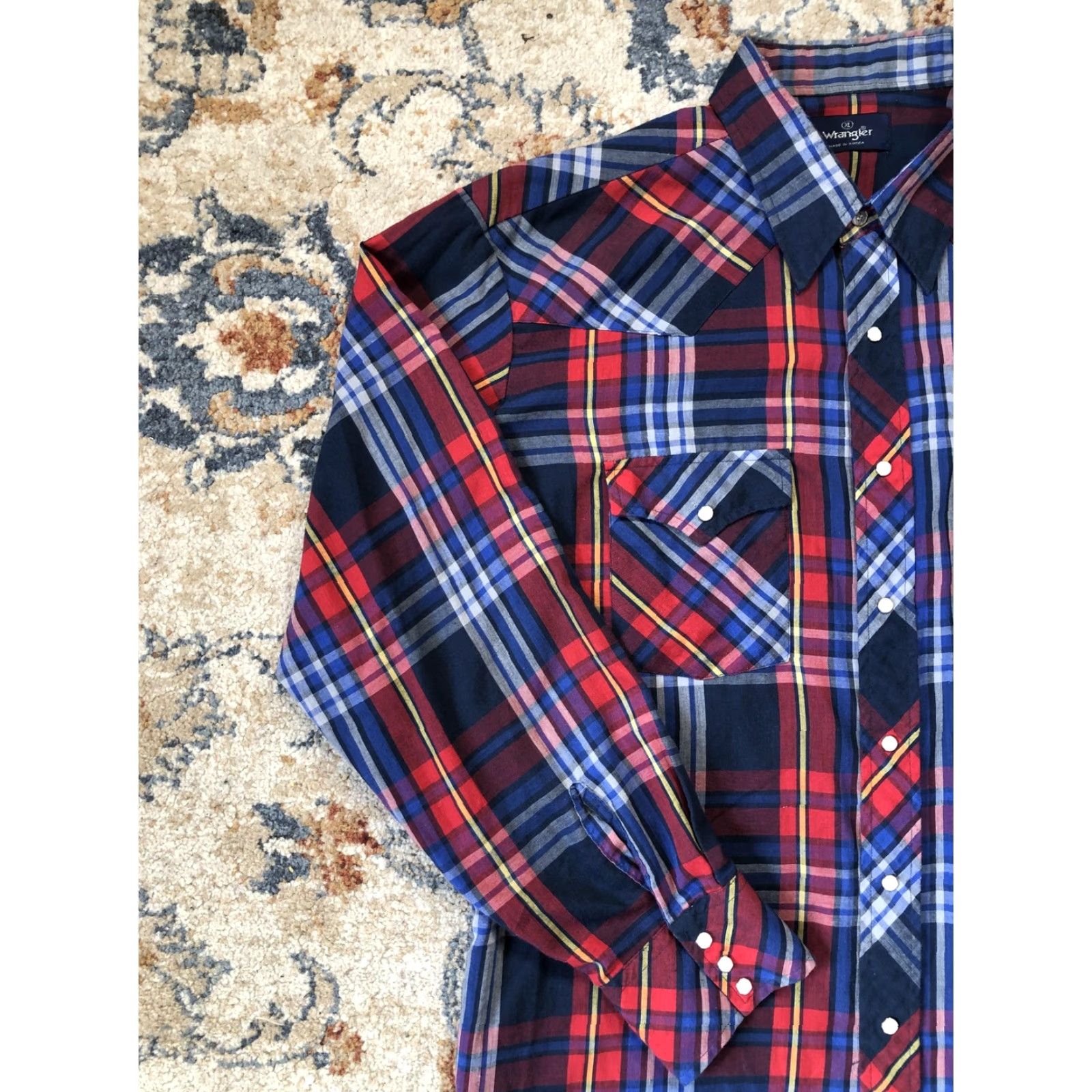 Wrangler VINTAGE Wrangler Shirt Mens XL Red Blue Plaid Western Pearl Snap Long Sleeve Size US XL / EU 56 / 4 - 3 Thumbnail