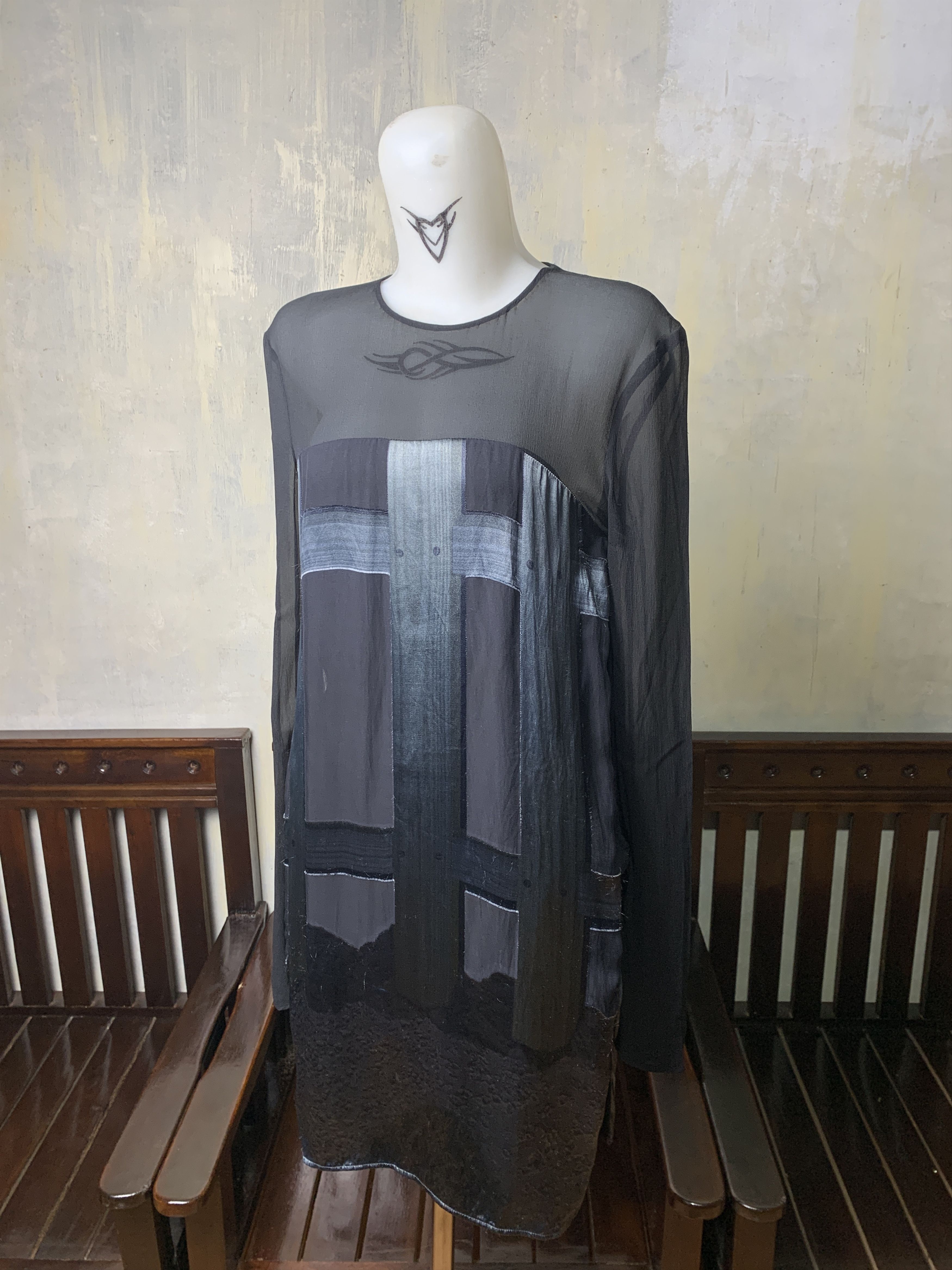 Hussein Chalayan Hussein Chalayan Silk Overlay Graphic Mesh Mini Dress (M) Size M / US 6-8 / IT 42-44 - 2 Thumbnail