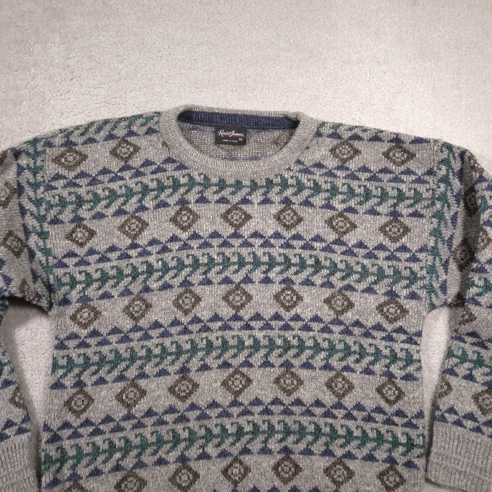 Vintage Reed St. James Sweater Mens XL Gray Geometric Knit Crewneck Pullover Made In USA Size US XL / EU 56 / 4 - 4 Thumbnail