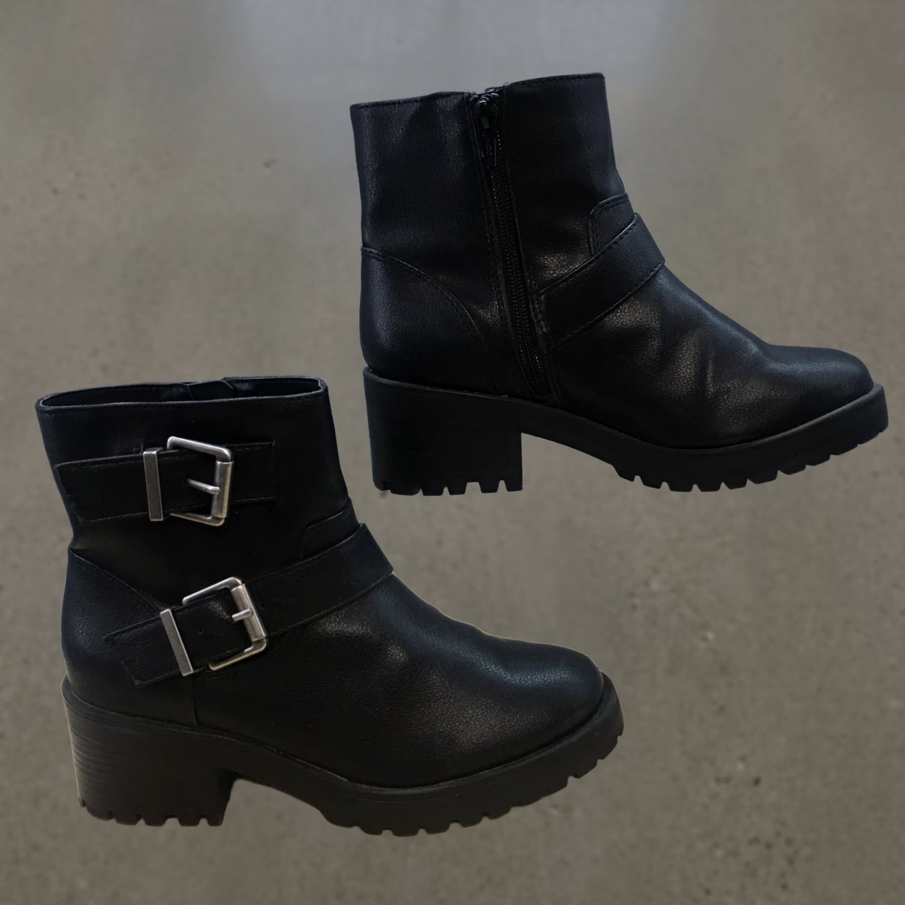 Vintage Universal Thread Boots Women Ankle Booties Zipper Black Faux Leather Buckle Heel Mid 2-2.9in Size 6 Size US 6 / IT 36 - 1 Thumbnail