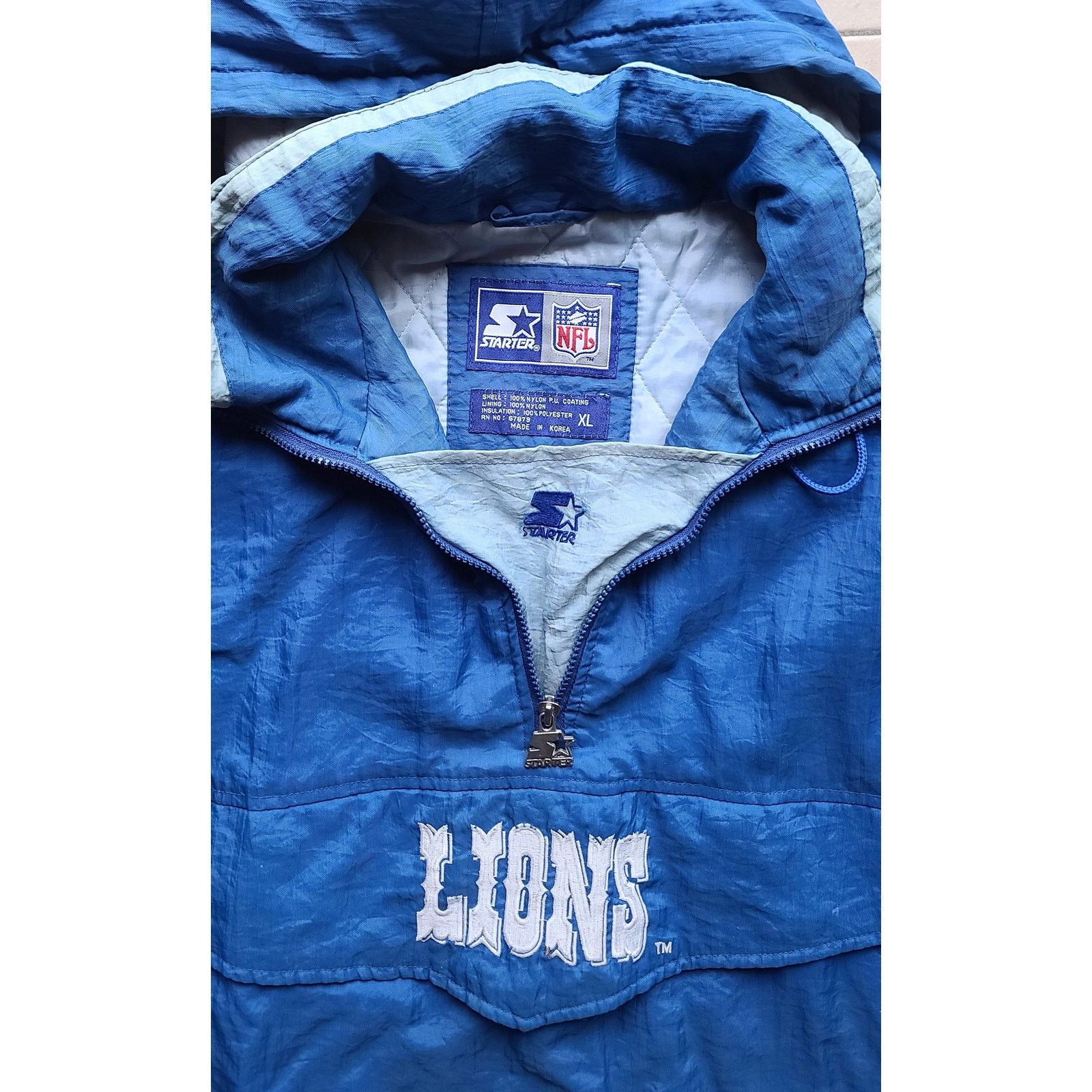 NFL × Starter Detroit Lions 90s STARTER puffer 1/2 Pullover blue NFL vtg Size US XL / EU 56 / 4 - 1 Thumbnail