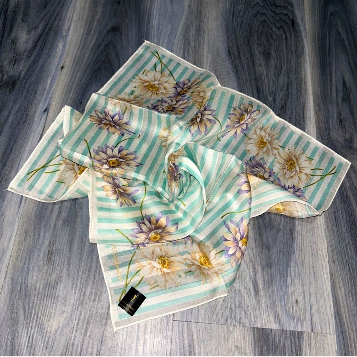 Yves Saint Laurent YSL Vintage Mint & White Striped Floral Cotton Handkerchief Size ONE SIZE - 1 Thumbnail