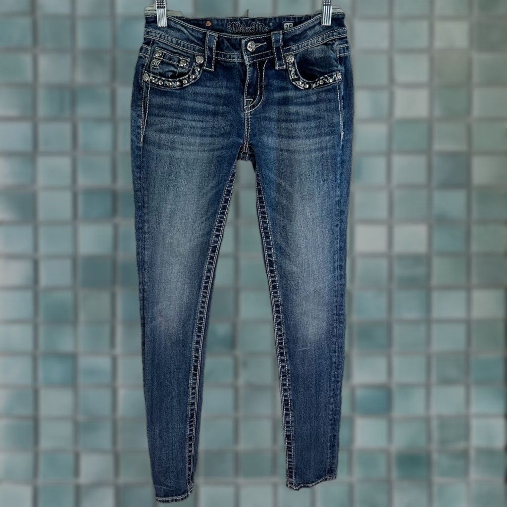 Miss Me Miss Me Midrise Skinny Jeans Women's Size 25 28x31 Blue Distressed Embellished Slim Fit Size 42" / US 20 - 1 Thumbnail