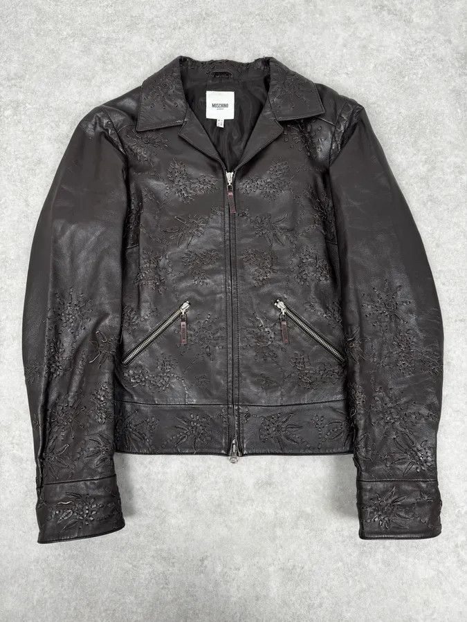 Moschino 2000s Moschino Brown Flowers Embroidery Leather Jacket Size S / US 4 / IT 40 - 1 Thumbnail