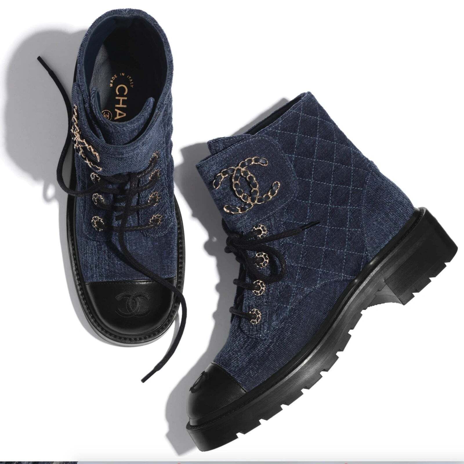 Chanel 21A Blue Black Quilted CC Chain Combat Lace Up