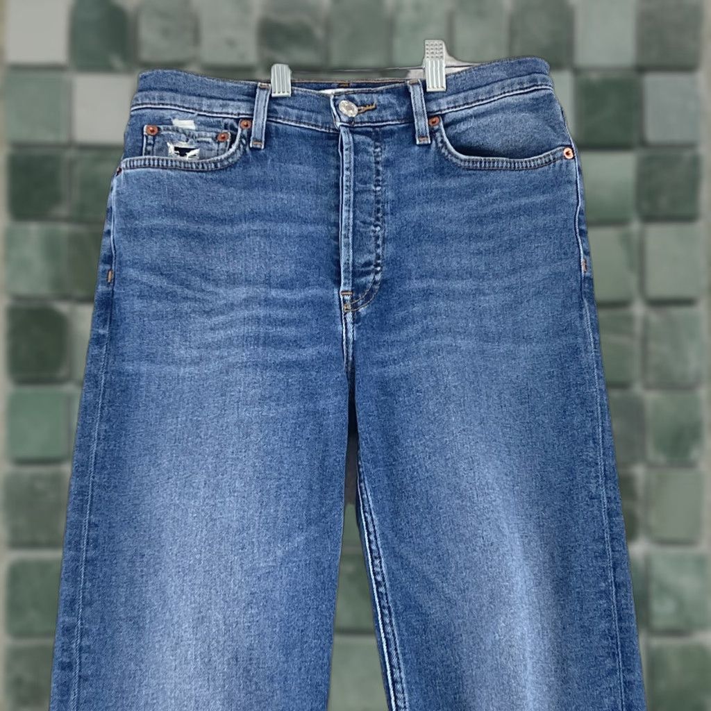 RE/DONE Re/Done 70s Stovepipe Jeans Womens Size 28 Blue Denim Straight Leg Frayed Hem Jeans Size 28" / US 6 / IT 42 - 1 Thumbnail