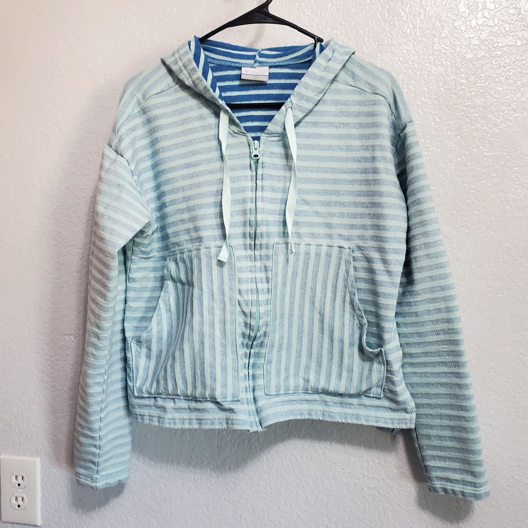 Vintage Columbia Hoodie Women L Blue Striped Full Zip Cotton Blend Beach Coastal Spring Fall Summer Womens Size L / US 10 / IT 46 - 2 Thumbnail