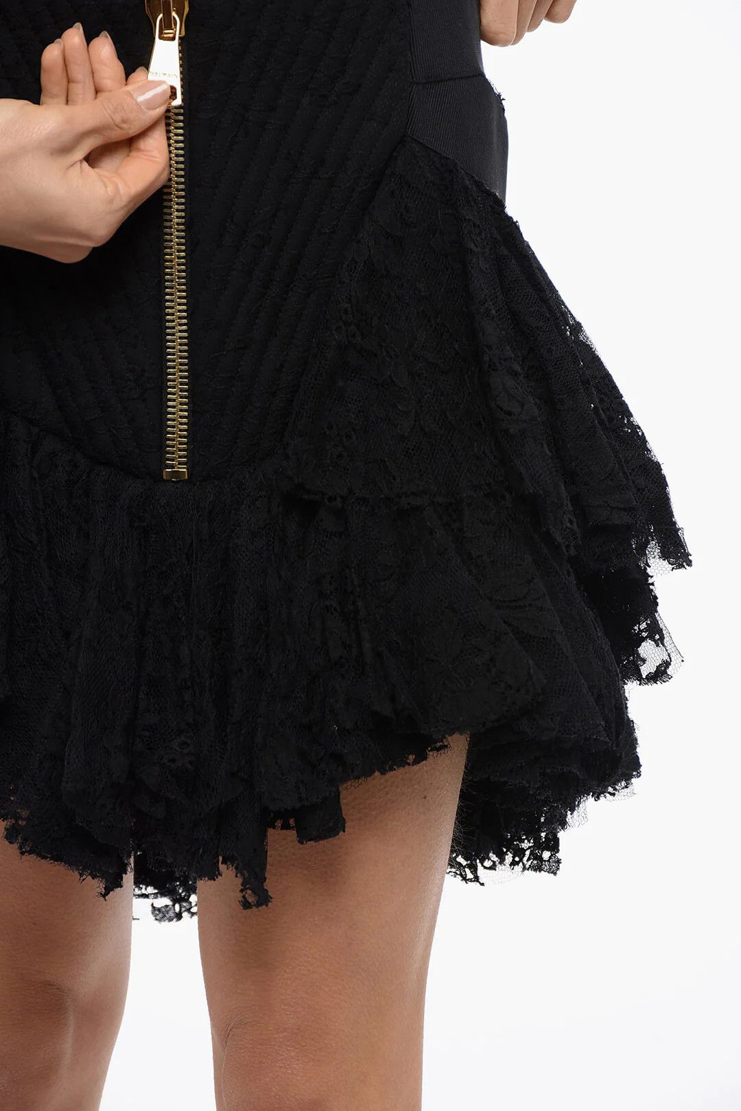 Balmain og1mm0326 Lace Ruffle Mini Skirt in Black Size 42" / US 20 - 3 Thumbnail