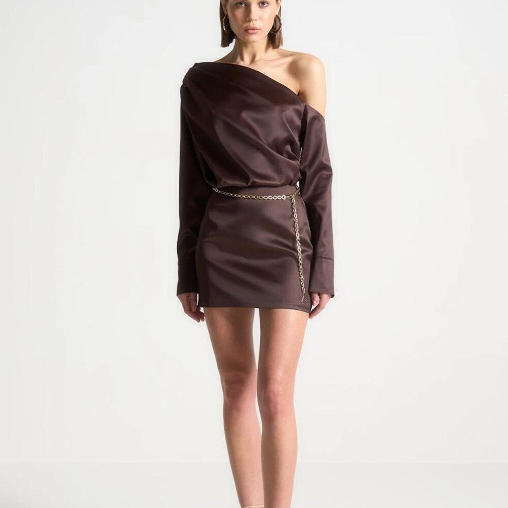 Maniere De Vior NEW Manière De Voir Brown Off Shoulder Satin Dress EU 42 Size L / US 10 / IT 46 - 1 Thumbnail