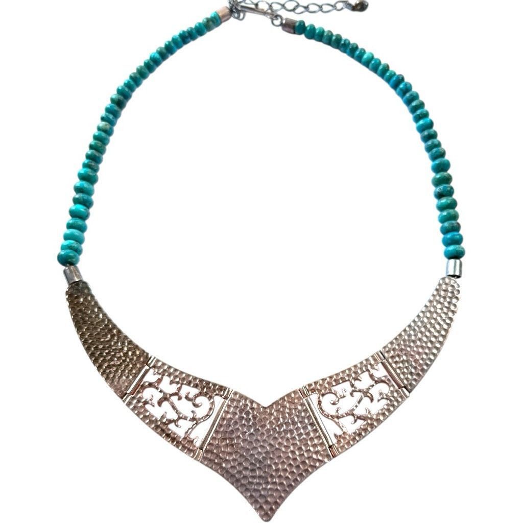 Vintage JAY KING DTR Mine Finds Genuine Turquoise Gemstone Copper Rose Gold Tone Bib Statement Necklace Designer Jewelry Size ONE SIZE - 14 Thumbnail