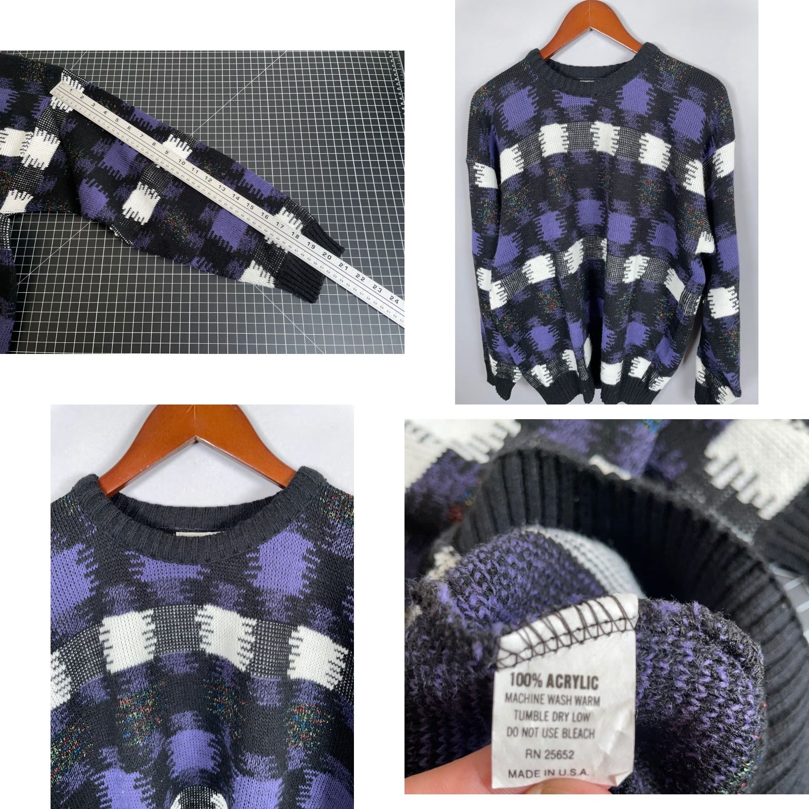 Vintage Vintage Protege 80s Crewneck Sweater Men’s Large Knit Argyle Check Pattern Retro 90s Black Purple Size US L / EU 52-54 / 3 - 8 Thumbnail