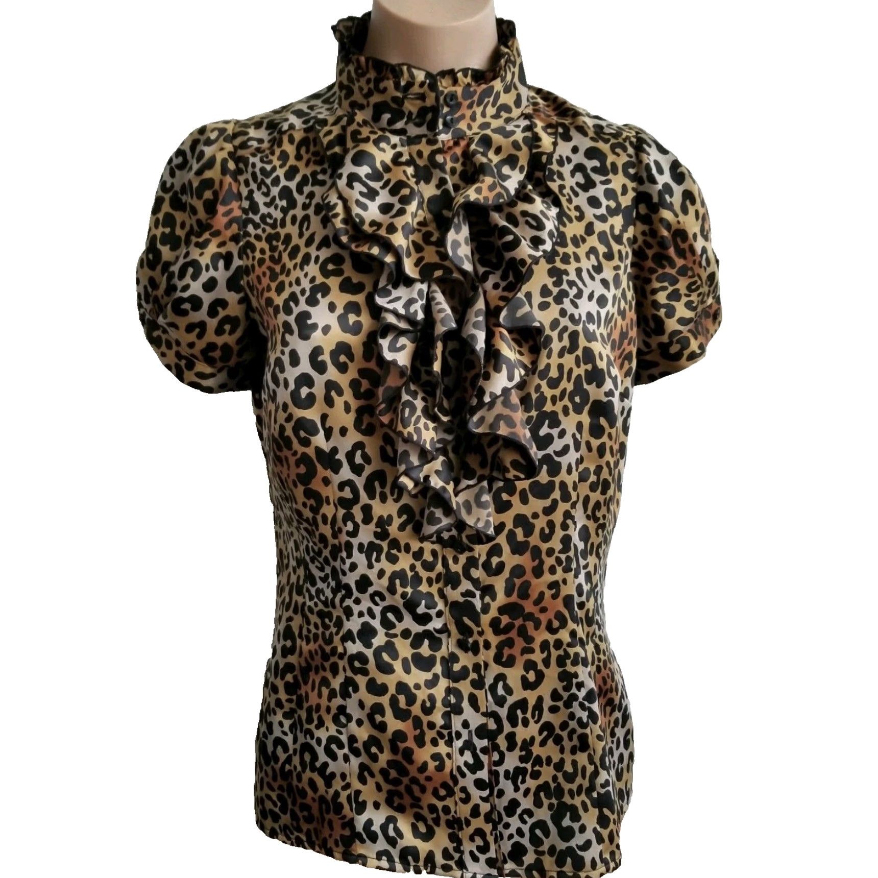 Worthington Worthington Blouse Button-Up Animal Print Career S M Multicolor Short Cap Sleeve High Neck Ruffle Women Size Small Size S / US 4 / IT 40 - 2 Thumbnail