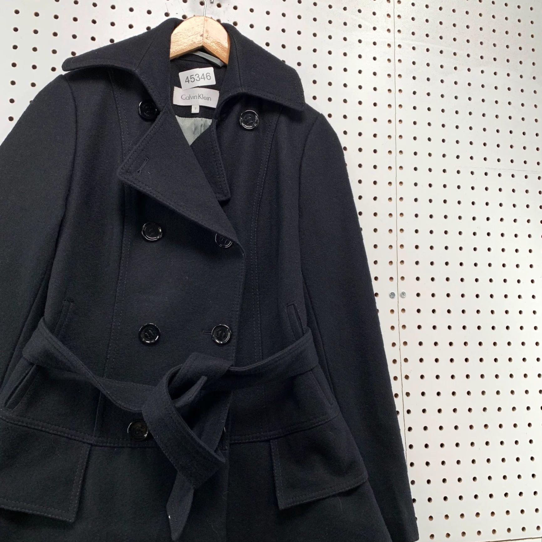 Calvin Klein Calvin Klein Wool Coat Women Black 2 Tiered Belted Double Breasted Ruffle Skirt Size 26" / US 2 / IT 38 - 6 Thumbnail