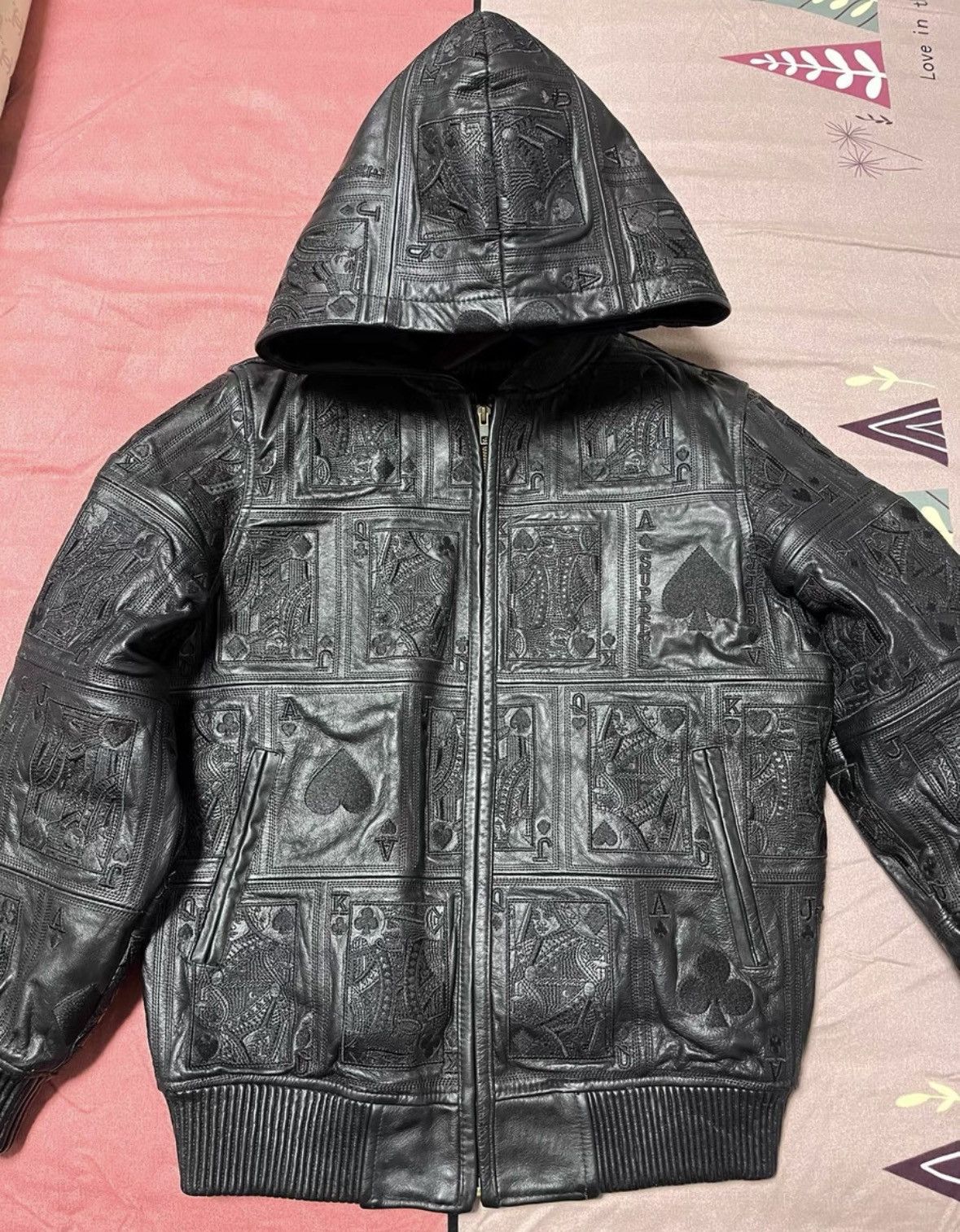 Supreme FW16 Supreme Court Cards Hooded Leather Jacket Lambskin