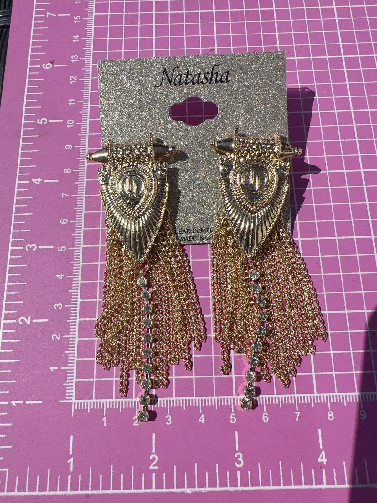 Designer Natasha gold tone arrow head tassels diamonds earrings Size ONE SIZE - 4 Thumbnail