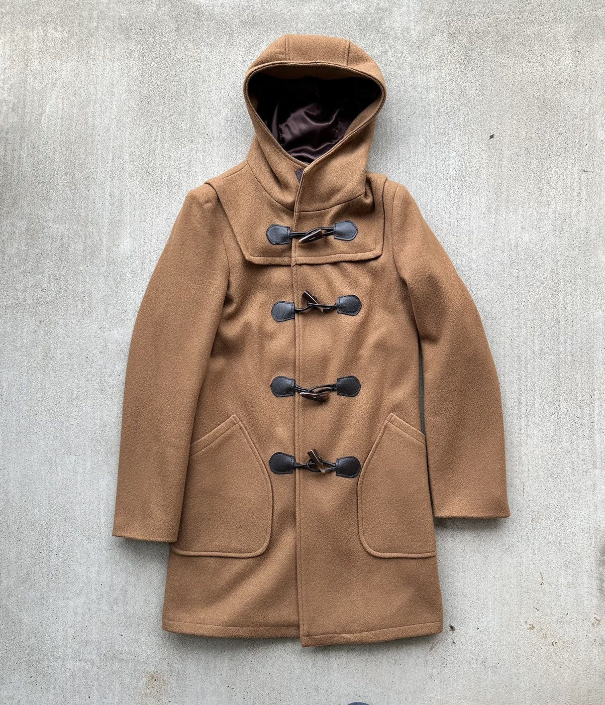 Image of Schott Nyc Peacoat Hooded Wool Toggle Leather Clasp in Tan, Women's (Size XS)