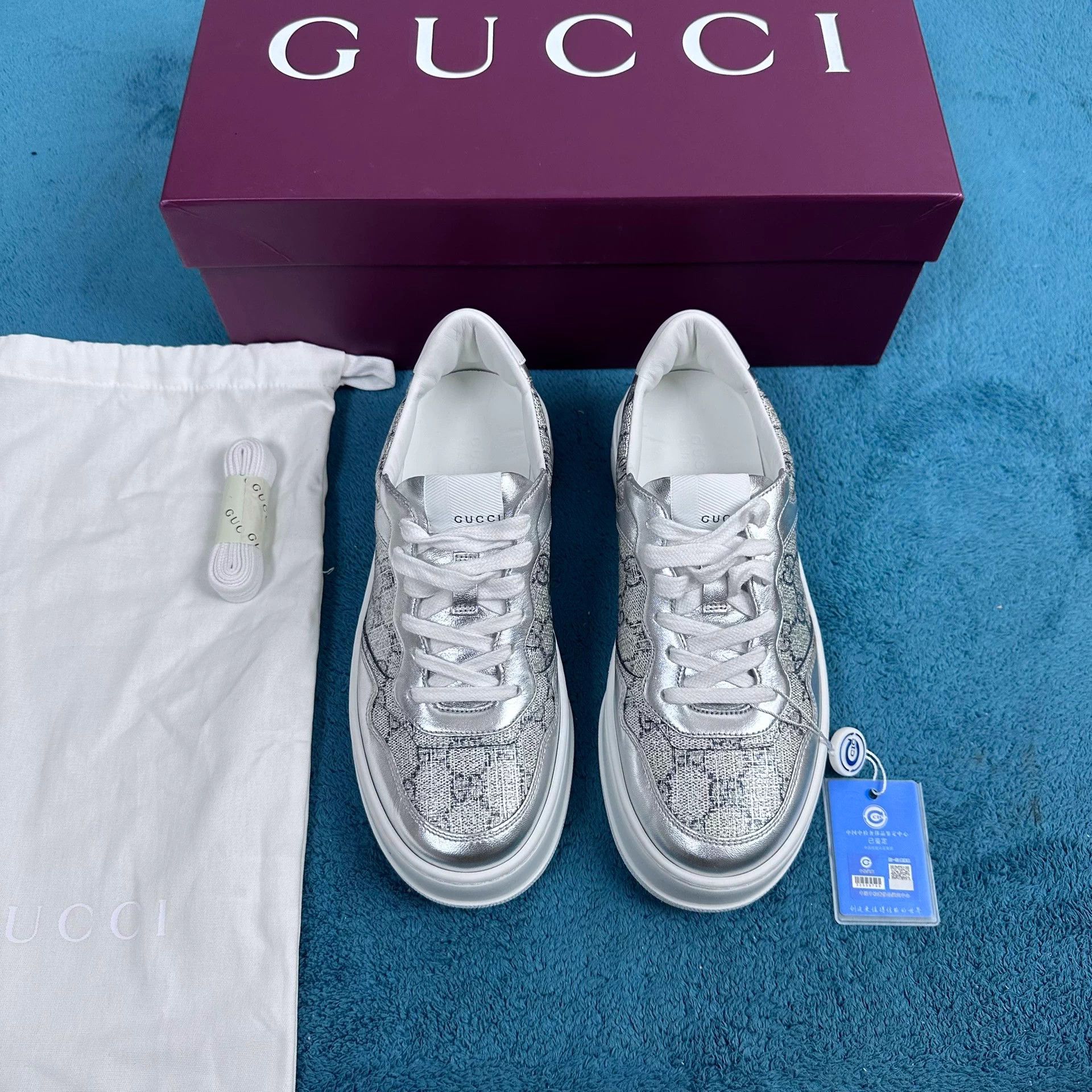 Gucci Gucci GG Supreme leather platform low-top silver Size US 7.5 / IT 37.5 - 1 Thumbnail