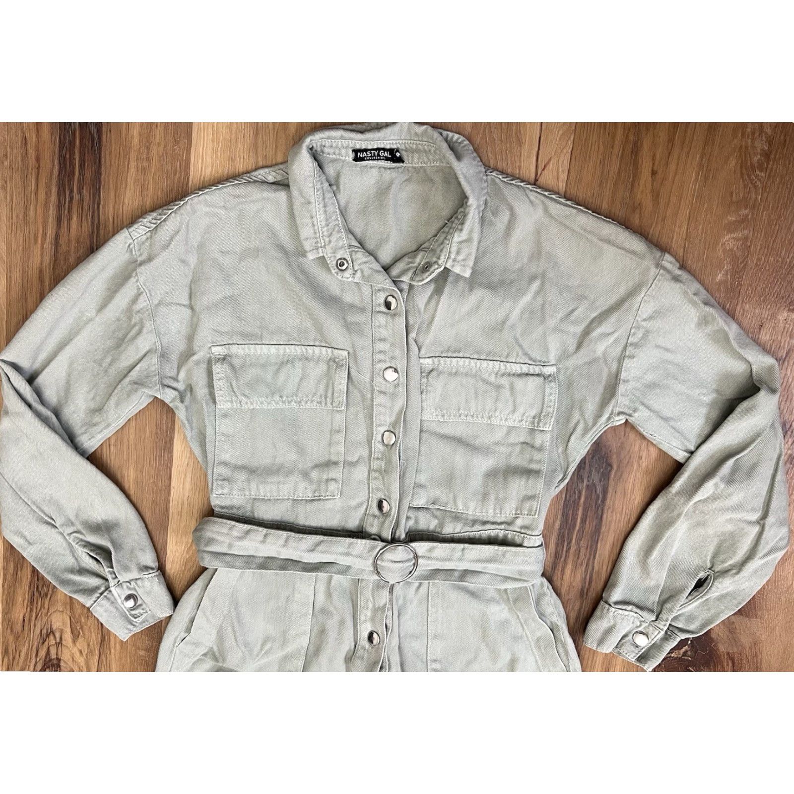 Nasty Gal Nasty Gal Jumpsuit Women 6 Green Denim One-Piece Casual 90s Boho Button Up Belt Plain Solid Crew Neck Collared Long Sleeve Spring Summer Fall Winter Size 28" / US 6 / IT 42 - 4 Thumbnail