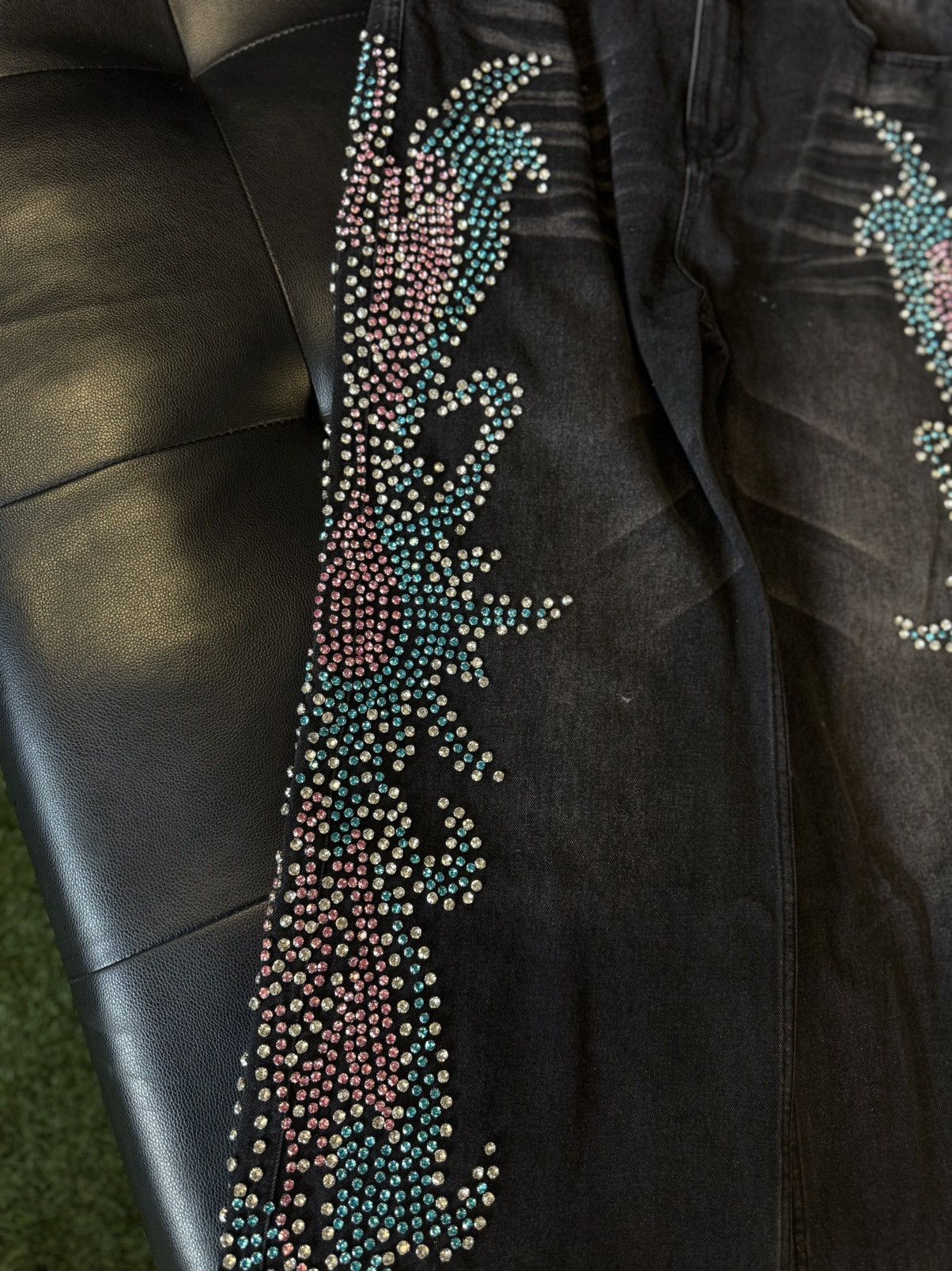 Vale Valley Stone Crystal Rhinestone Baggy Black Jeans Size 30 Size US 30 / EU 46 - 3 Thumbnail