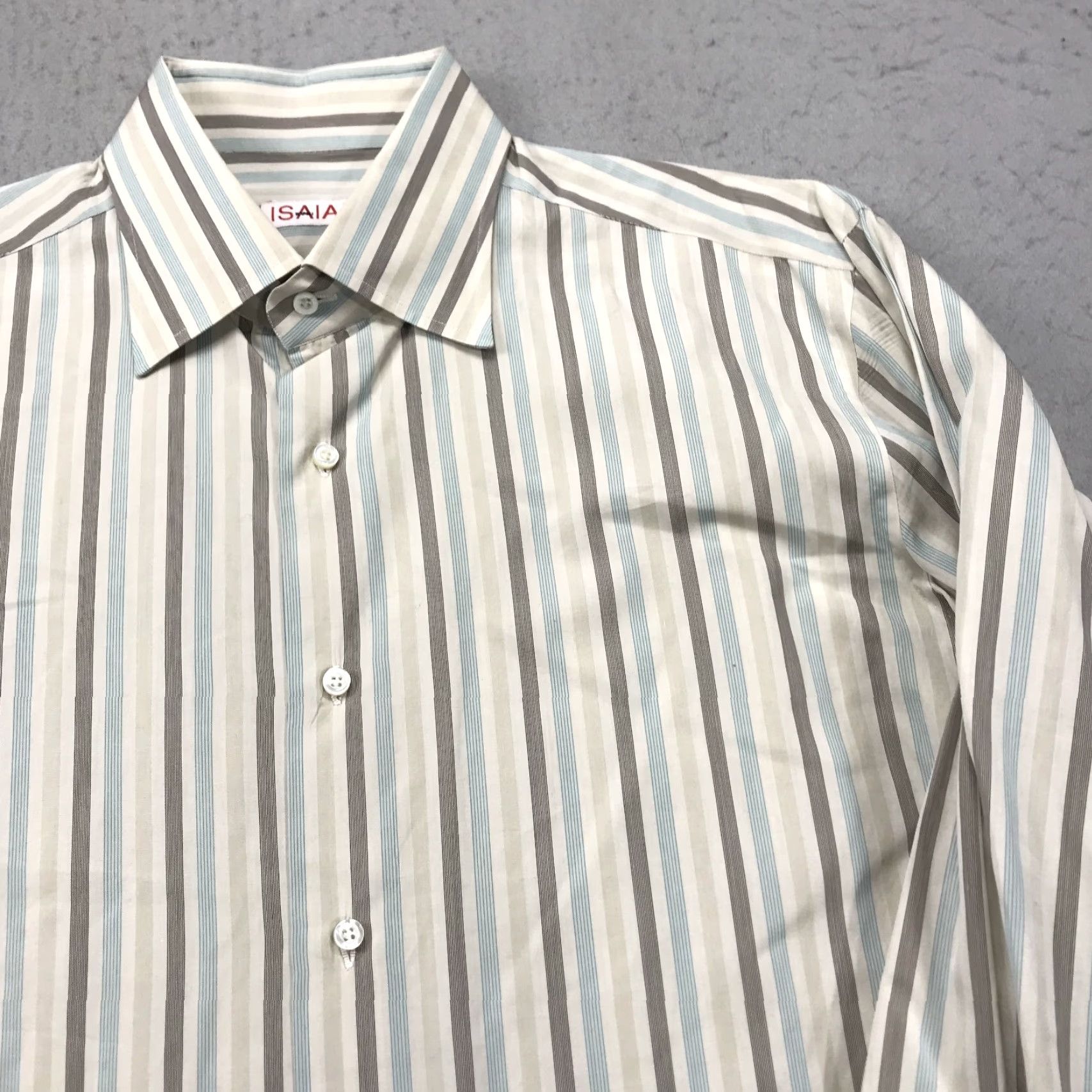 Isaia VINTAGE Isaia Napoli Shirt Mens 17 43 Cream Blue Striped Italy Dress Designer Barrel Size 46R - 3 Thumbnail