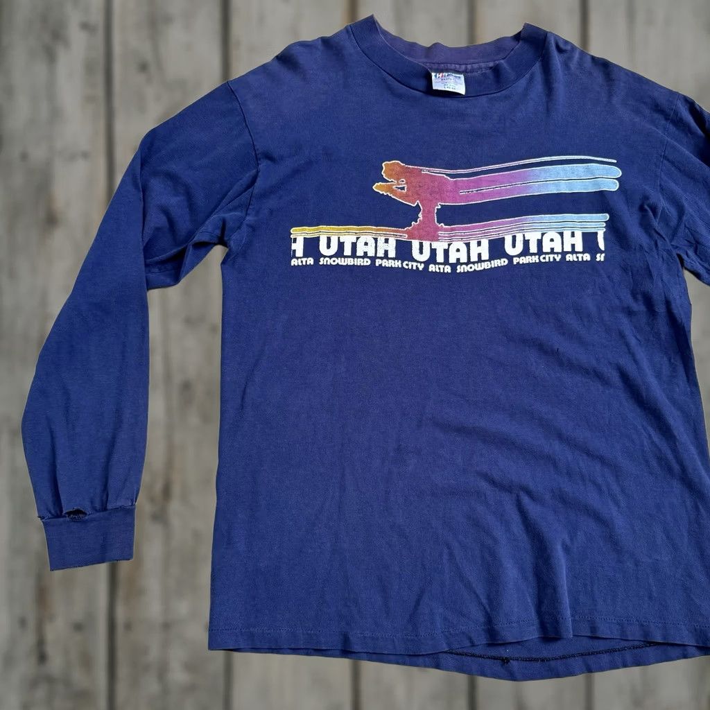 Hanes VINTAGE Hanes Beefy-T T-Shirt Park City Utah Alta Snowbird Shirt USA Size L Blue 80s Mens Size US L / EU 52-54 / 3 - 1 Thumbnail