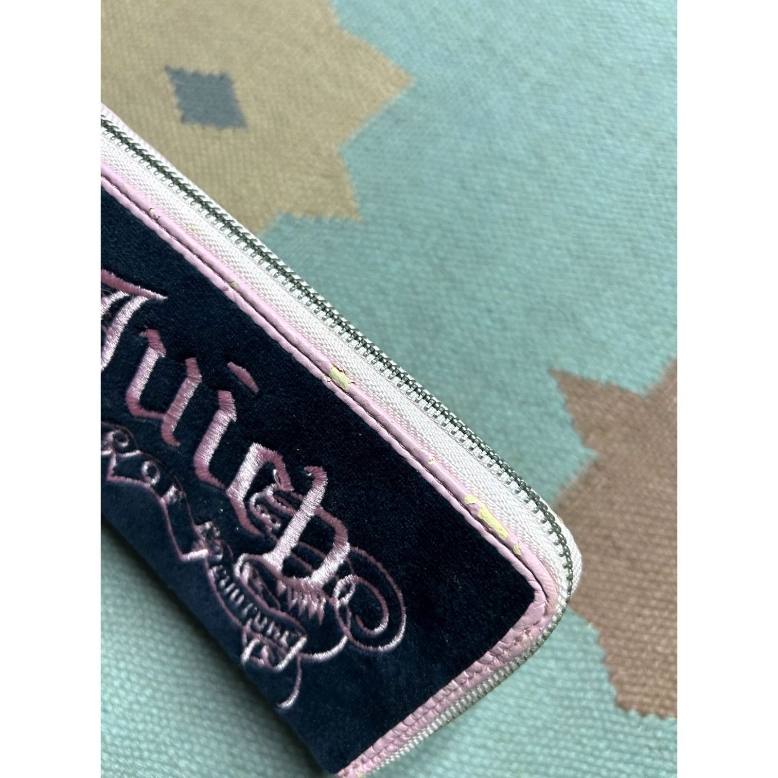 Juicy Couture Juicy Couture Wallet Zip Clutch Wristlet Black Velvet Embroidered Pink Womens Size ONE SIZE - 3 Thumbnail