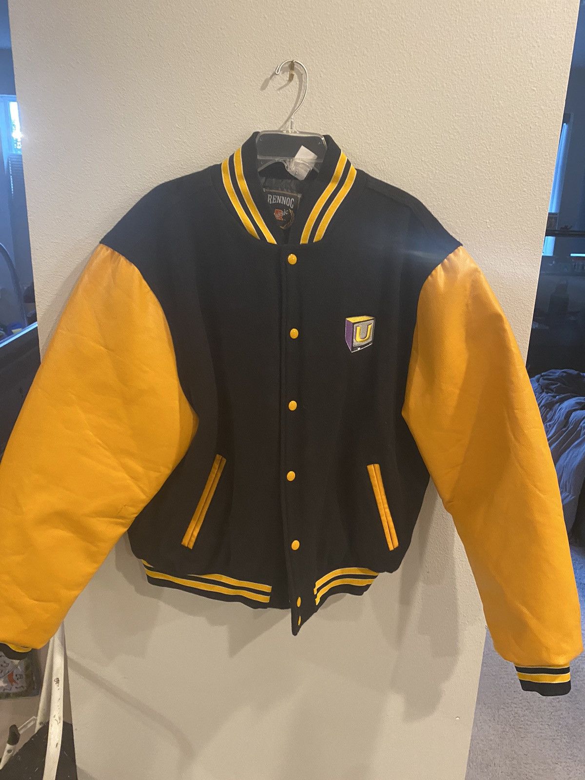 image of Rennoc Classic x Vintage Black Yellow Gold Leather Varsity Jacket, Men's (Size XL)