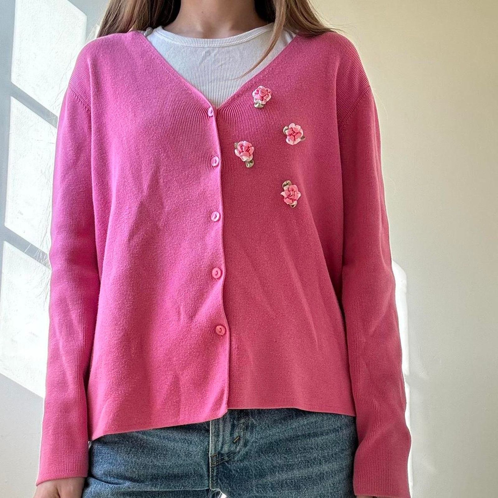 Vintage Vintage End On End Knitwear Pink Cardigan Small Cotton Size S / US 4 / IT 40 - 1 Thumbnail