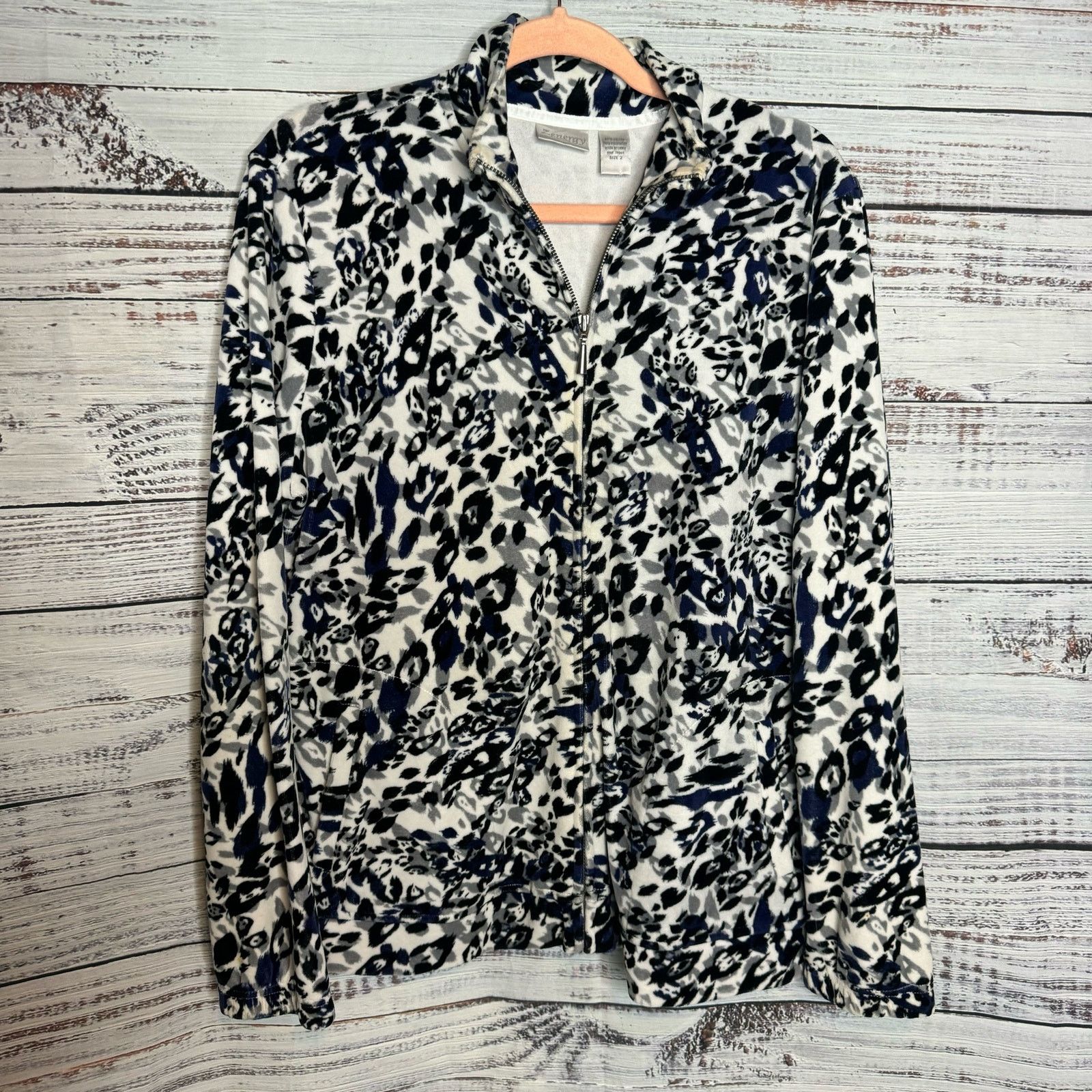 Chicos Chicos Leopard Print Fleece Full Jacket Black & Blue 2 US-Lg Size L / US 10 / IT 46 - 1 Thumbnail