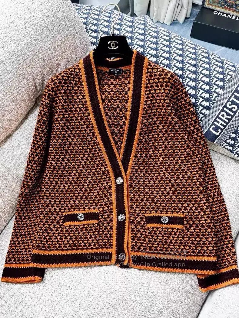 Chanel Chanel Orange and brown two-pocket long-sleeved knitted ca Size M / US 6-8 / IT 42-44 - 4 Thumbnail
