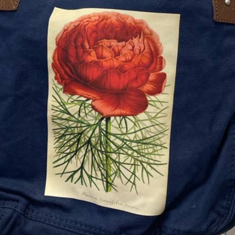 Faded Glory Hand Printed Red Peony Flower Navy Canvas Cotton Tote Bag Size ONE SIZE - 2 Thumbnail