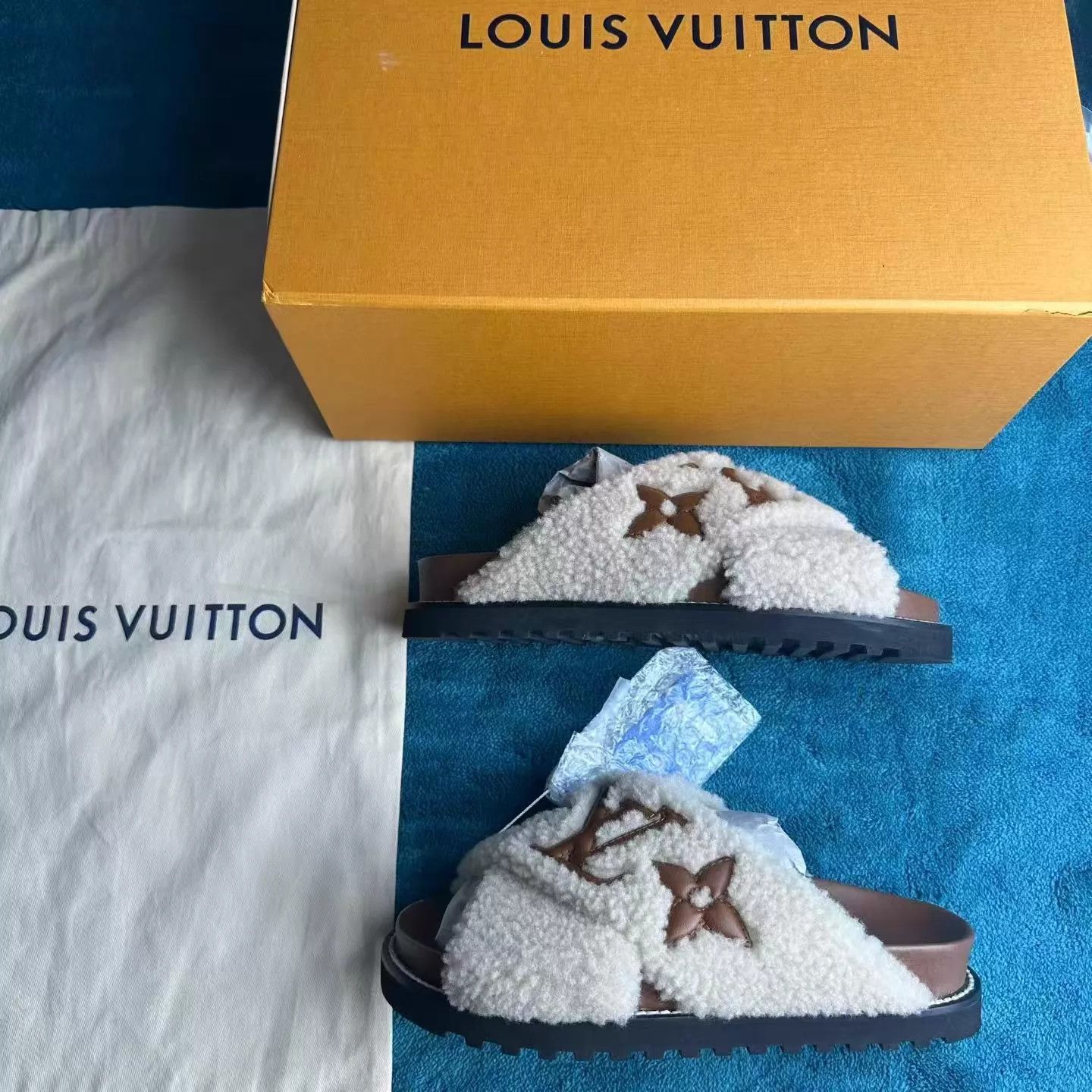 Louis Vuitton LV Paseo Comfort Teddy Fleece Slide Tan 38 Worn Once, Accs Size US 7.5 / IT 37.5 - 3 Thumbnail